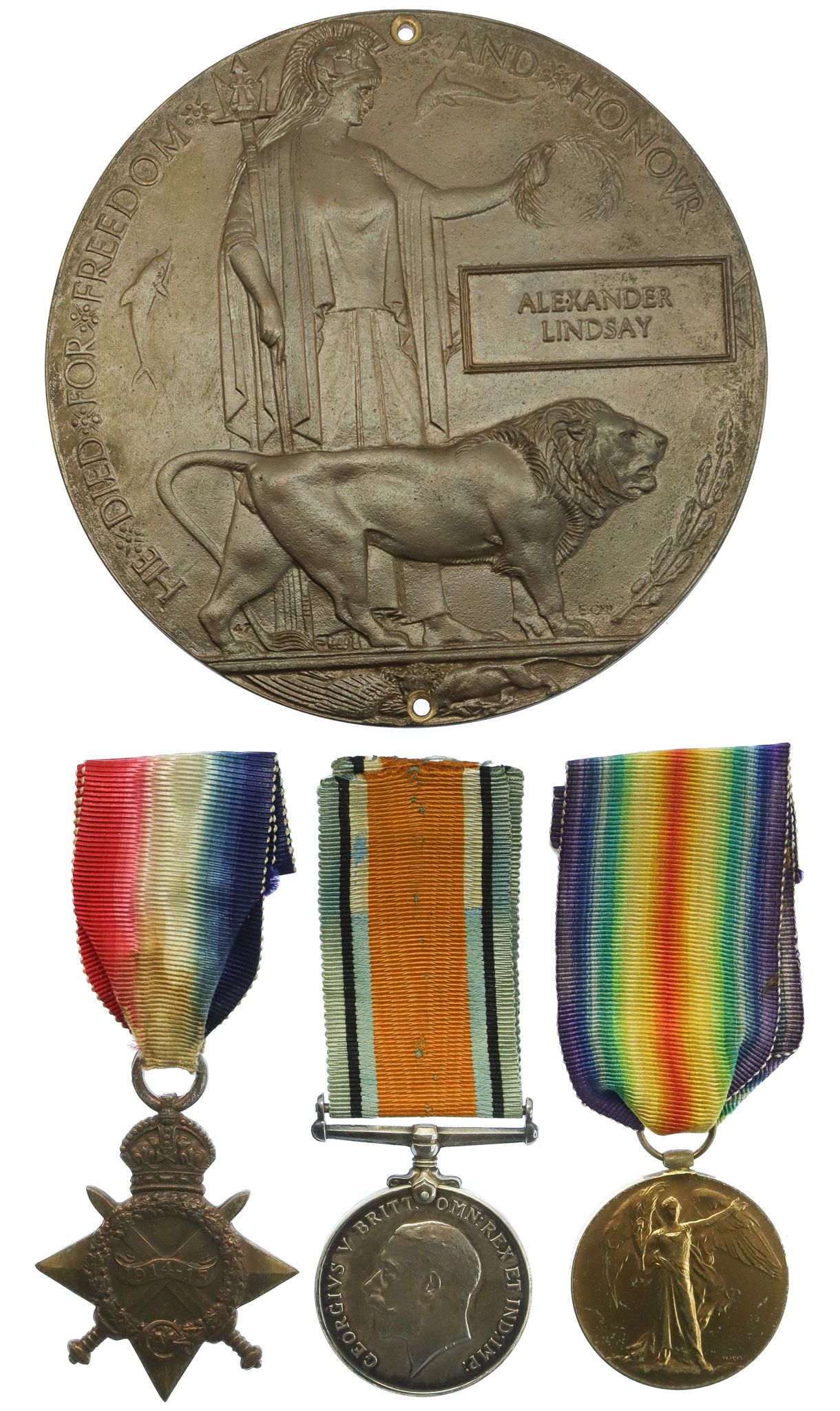 WW1 1914-15 Star, British War Medal, Victory Medal and Memorial Plaque - Gnr. A. Lindsay, Royal Field Artillery - K.I.A. 20/5/18