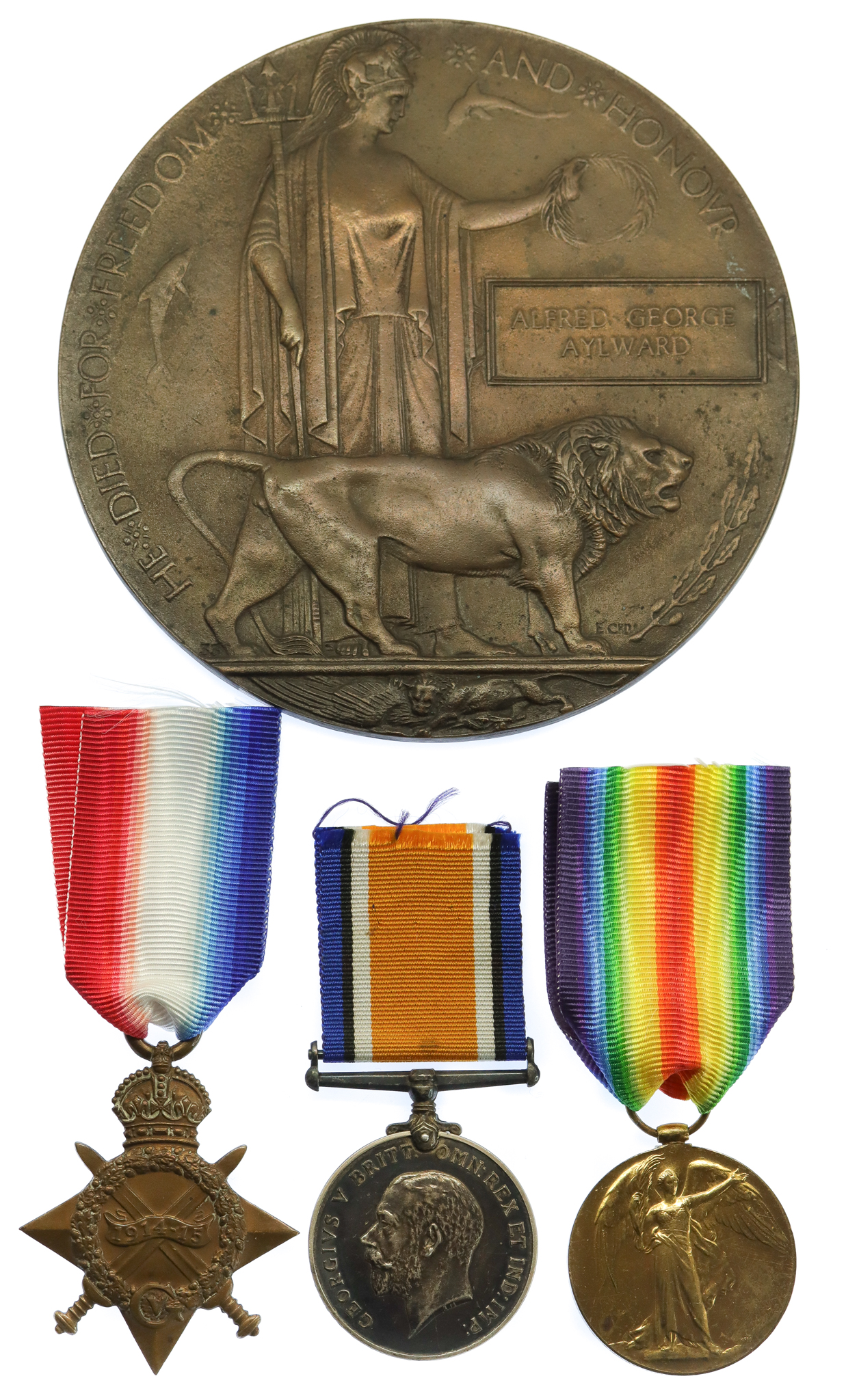WW1 1914-15 Star, British War Medal, Victory Medal and Memorial Plaque - Bmbr. A.G. Aylward, Royal Field Artillery - K.I.A. 1/10/17