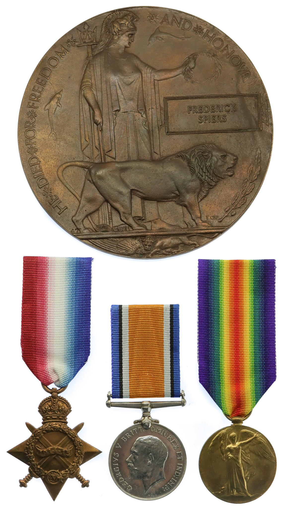 WW1 1914-15 Star, British War Medal, Victory Medal and Memorial Plaque - Pte. F. Spiers, 8th Bn. Gloucestershire Regiment - K.I.A. 30/7/16