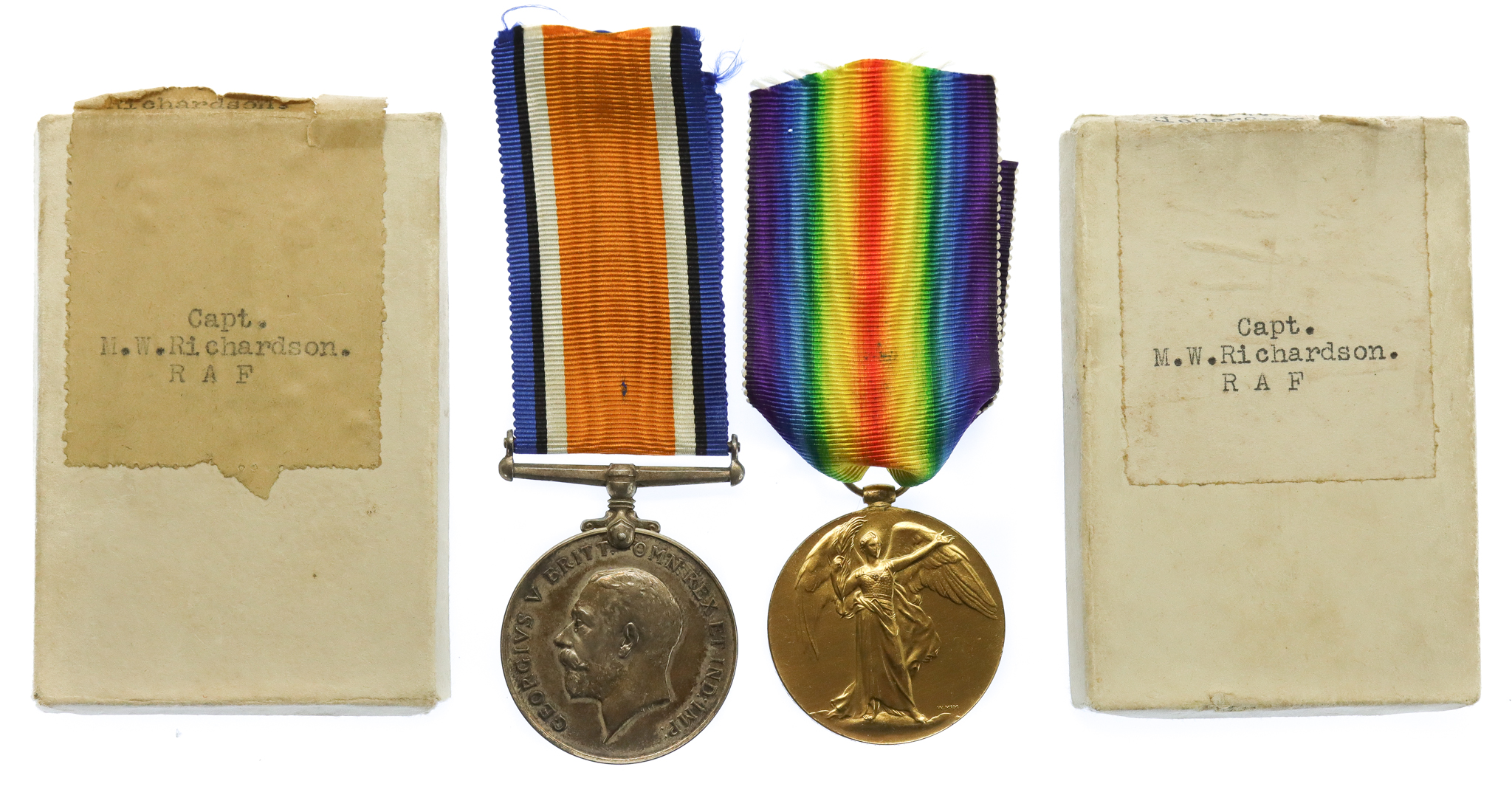 WW1 British War & Victory Medal Pair - Capt. M.W. Richardson, Royal Air Force (late RFC and Canadian Expeditionary Force) 