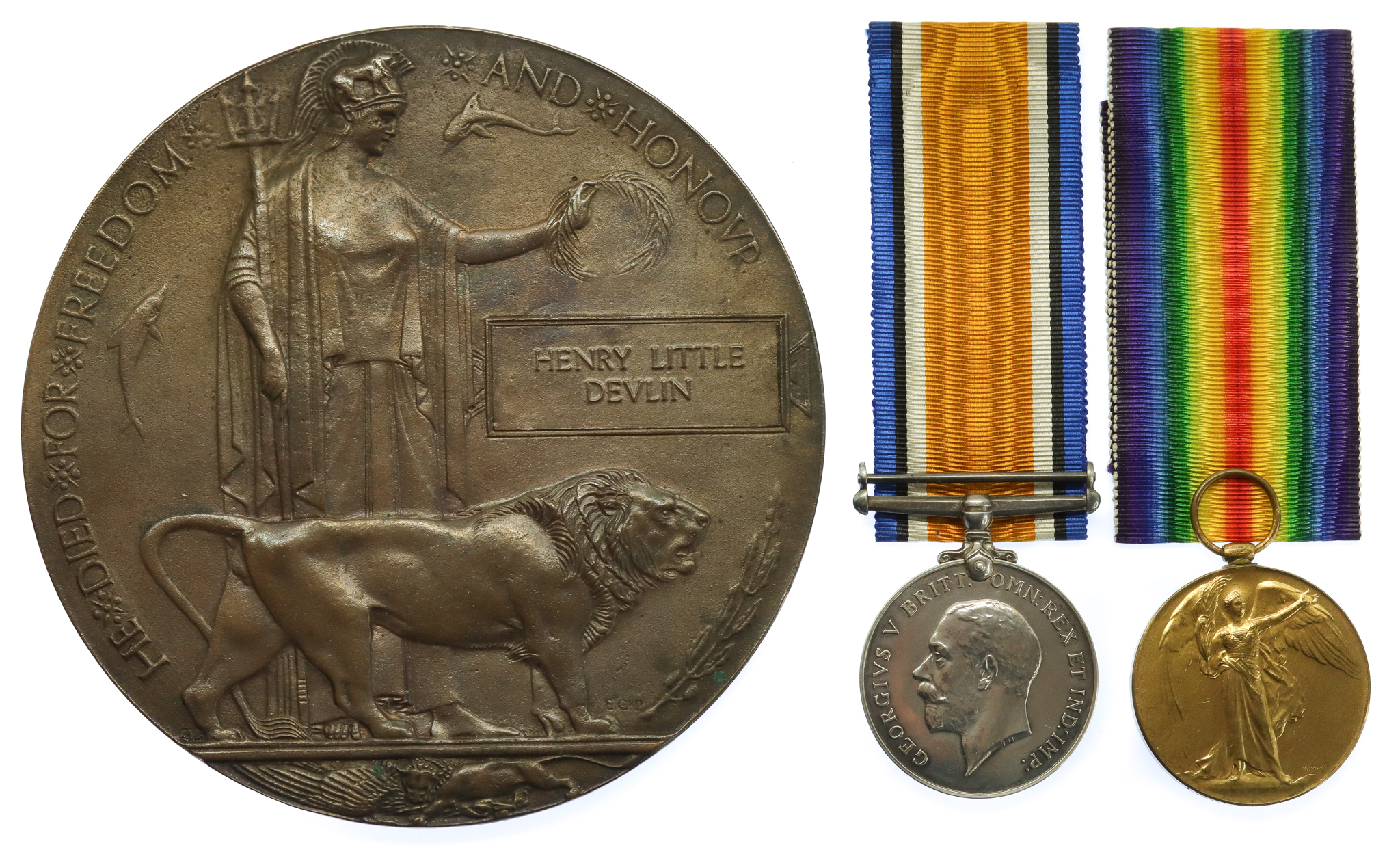 WW1 British War Medal, Victory Medal and Memorial Plaque - Lieutenant H.L. Devlin, 9th Sqdn. Royal Flying Corps - K.I.A. 19/9/17