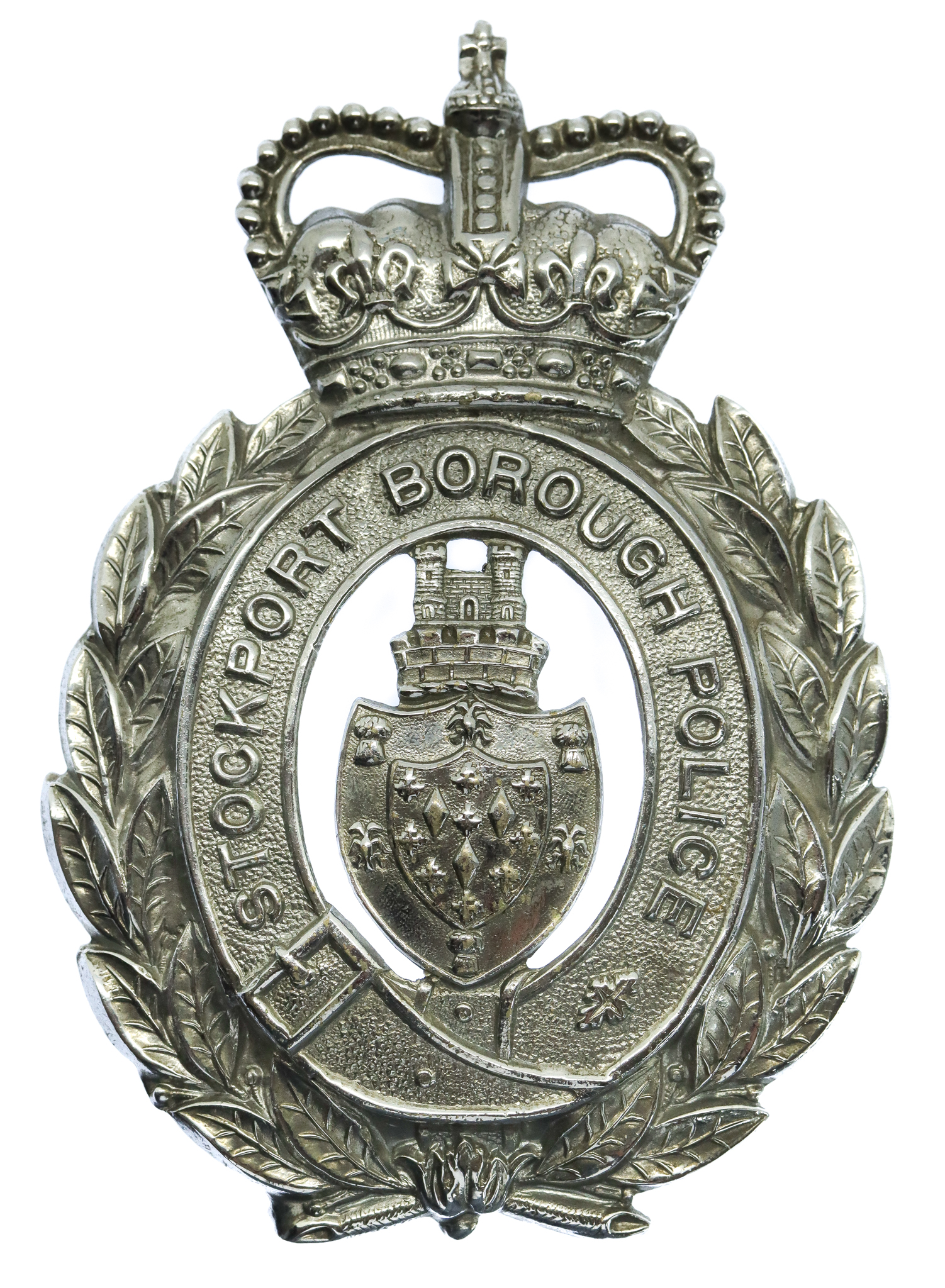 Stockport Borough Police Voided Wreath Helmet Plate - Queen's Crown