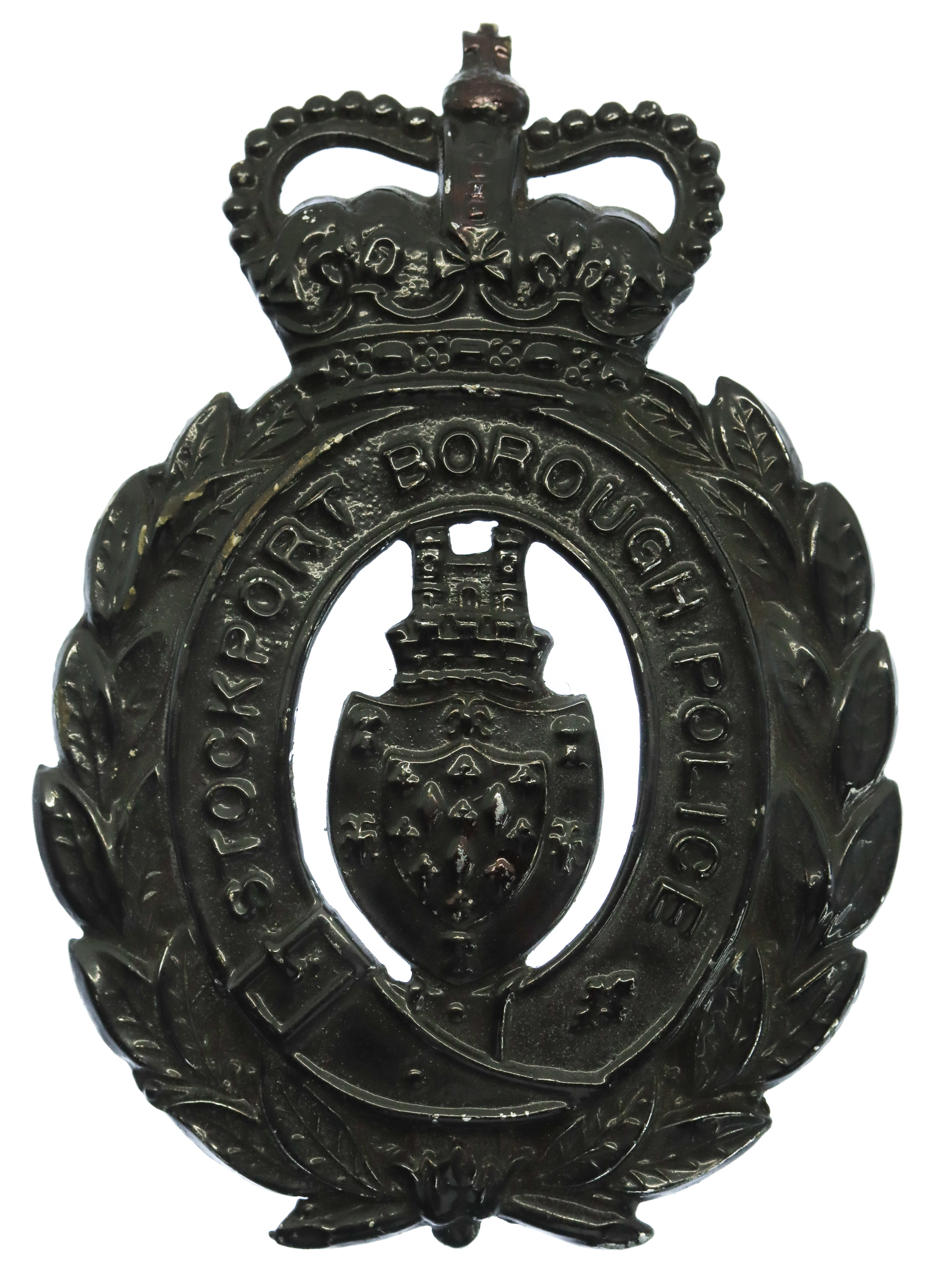 Stockport Borough Police Voided Wreath Night Helmet Plate - Queen's Crown