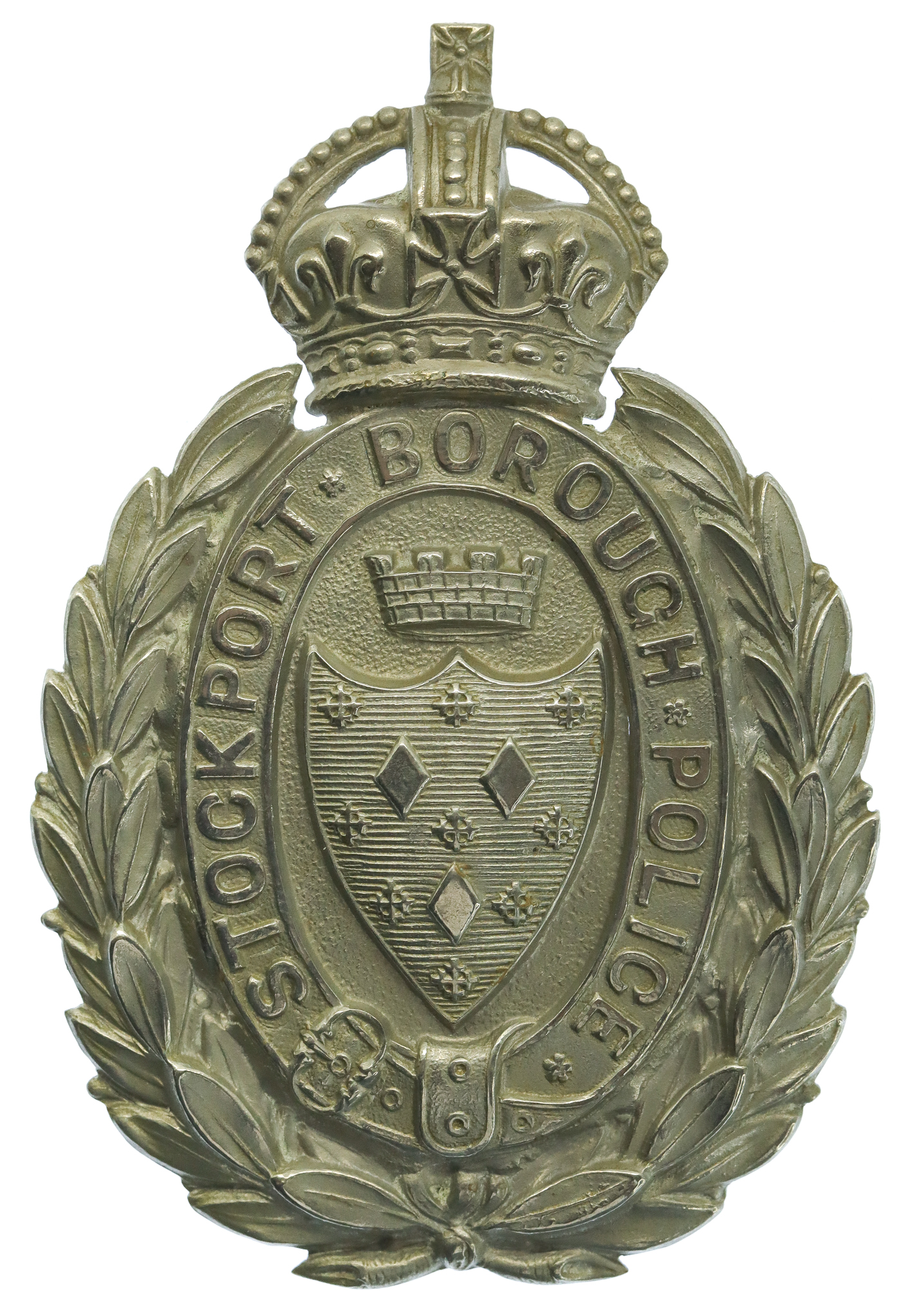 Stockport Borough Police White Metal Wreath Helmet Plate - King's Crown