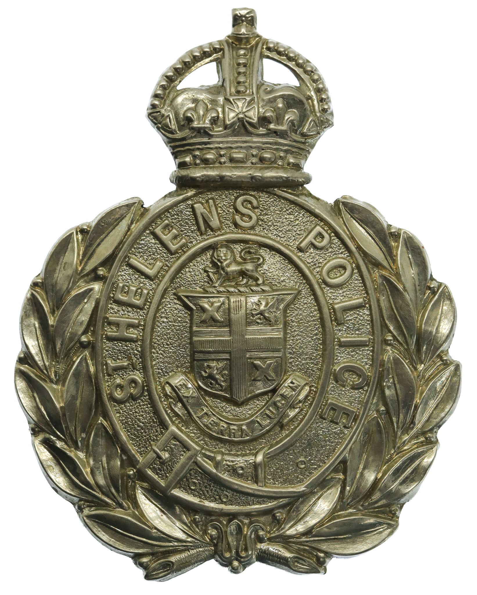 St Helen's Police White Metal Wreath Helmet Plate - King's Crown