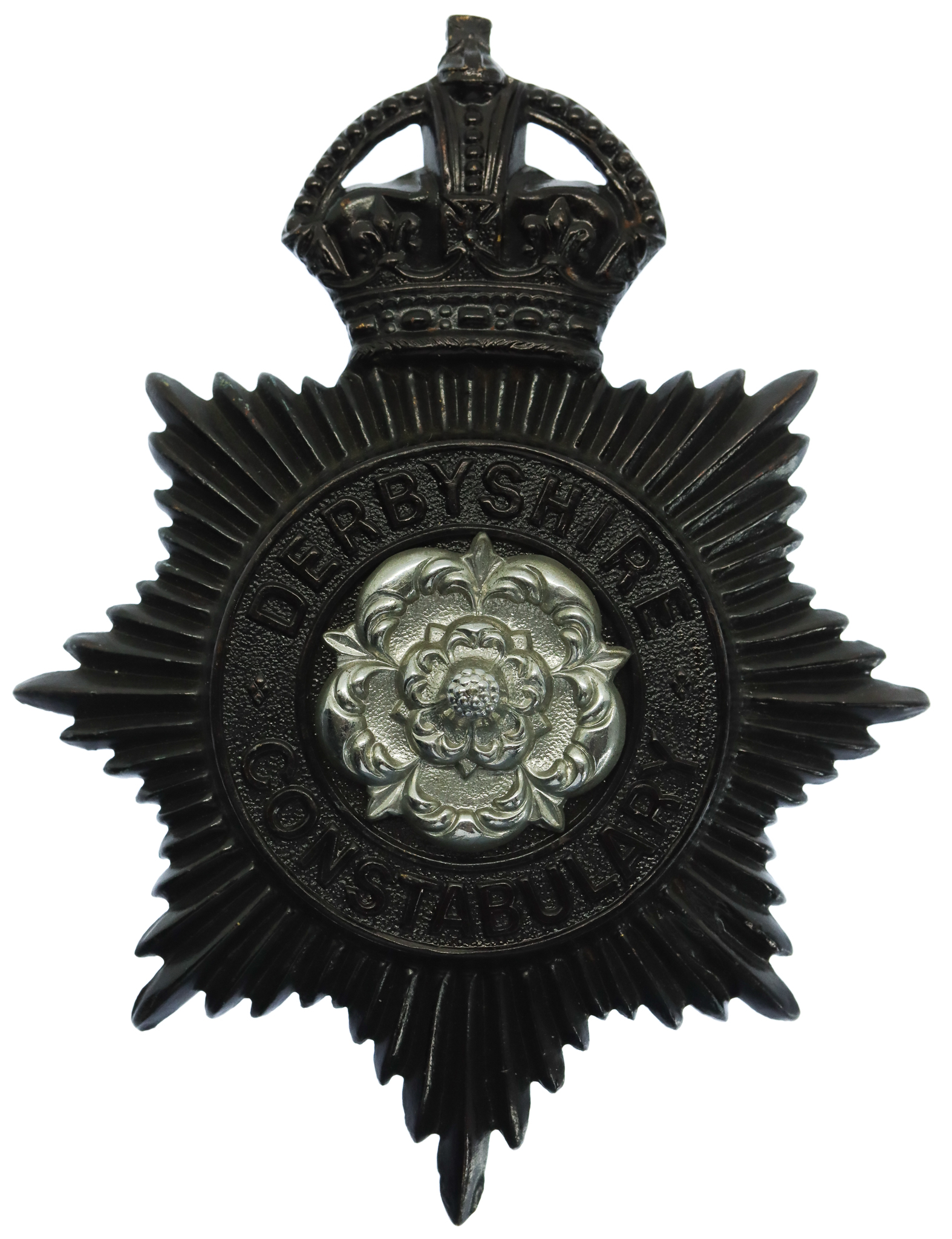 Derbyshire Constabulary Black Helmet Plate with Rose Centre - King's Crown 