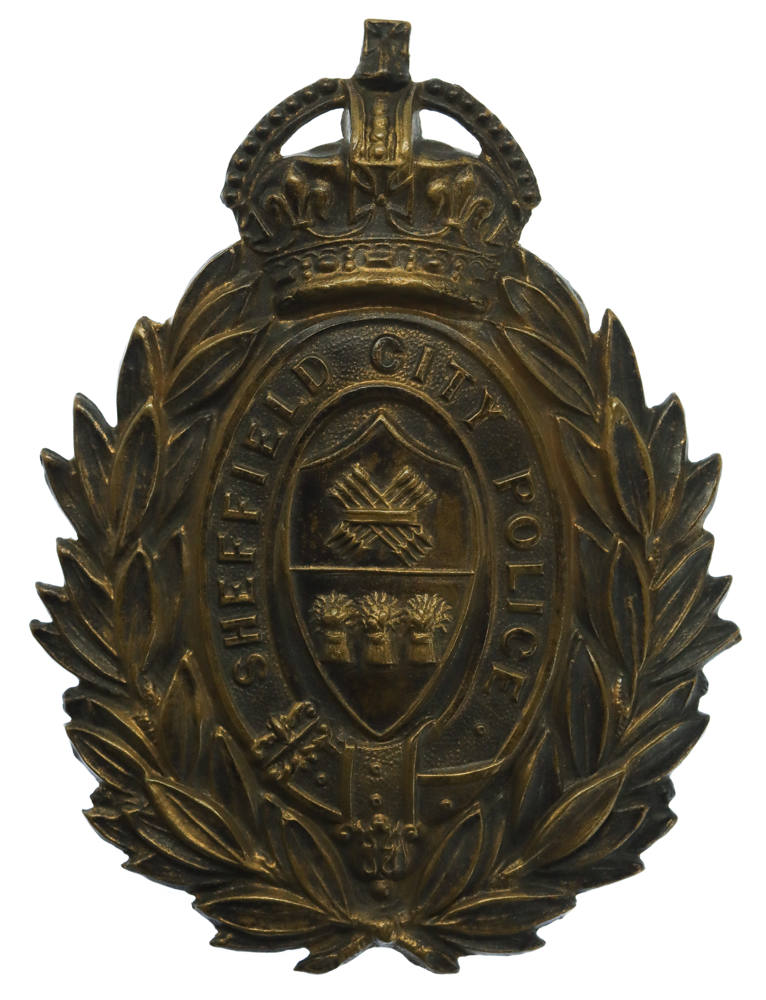 Sheffield City Police Blackened Brass Wreath Helmet Plate - King's Crown