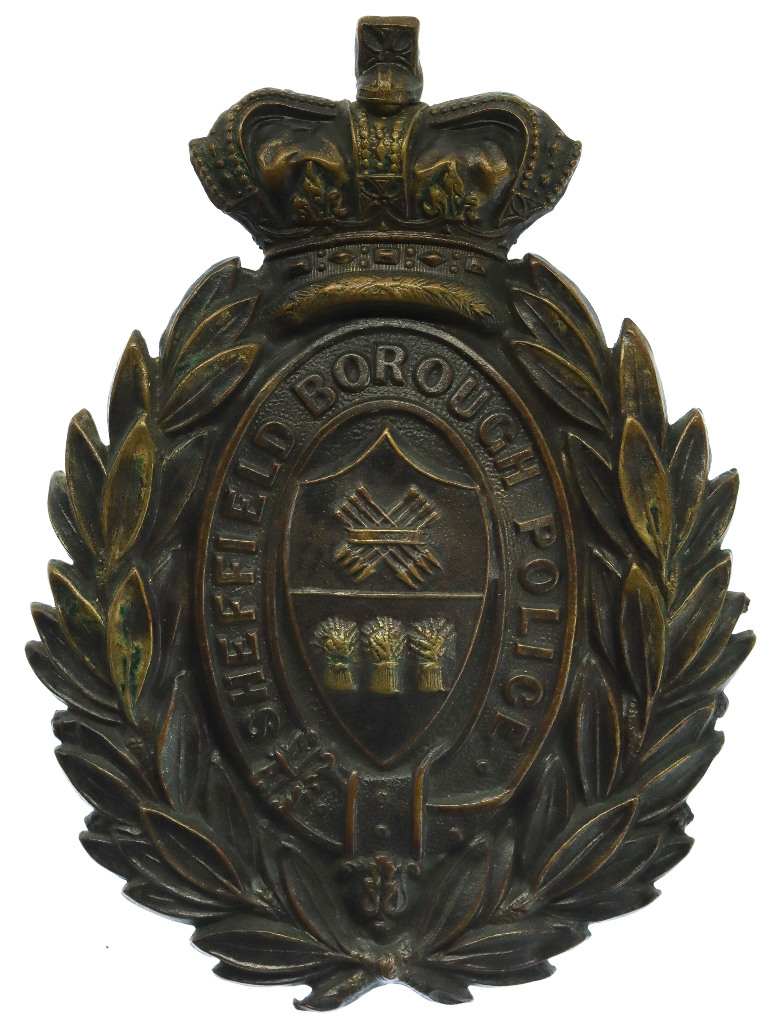 Victorian Sheffield Borough Police Blackened Brass Wreath Helmet Plate