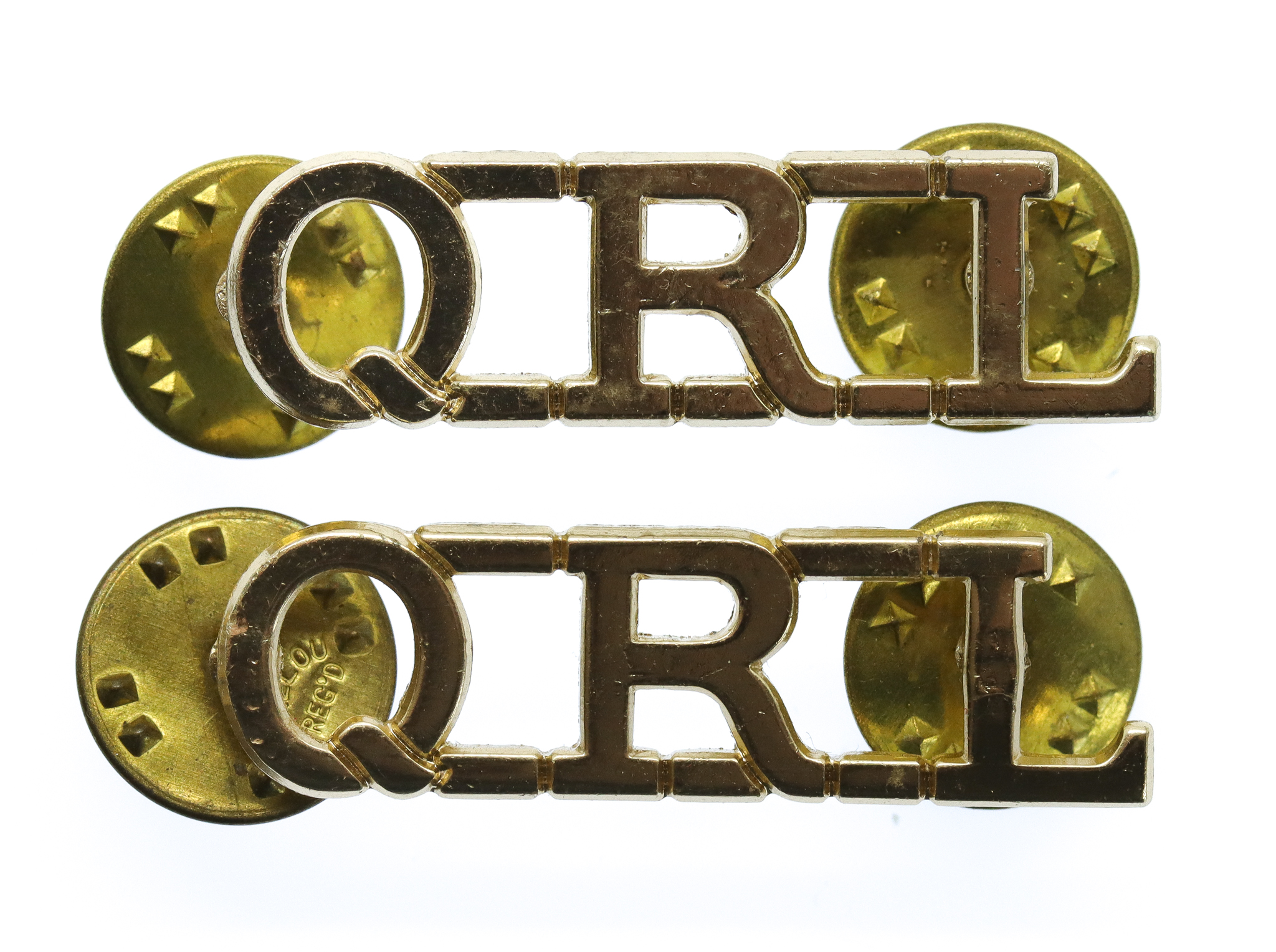 Pair of Queen's Royal Lancers (Q.R.L.) Anodised (Staybrite) Shoulder Titles