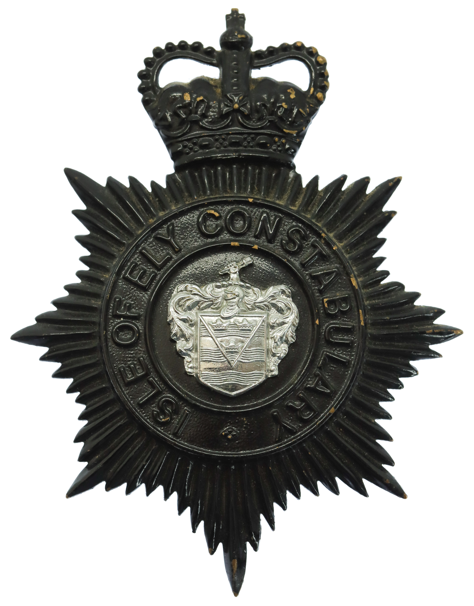 Isle of Ely Constabulary Black Helmet Plate - Queen's Crown
