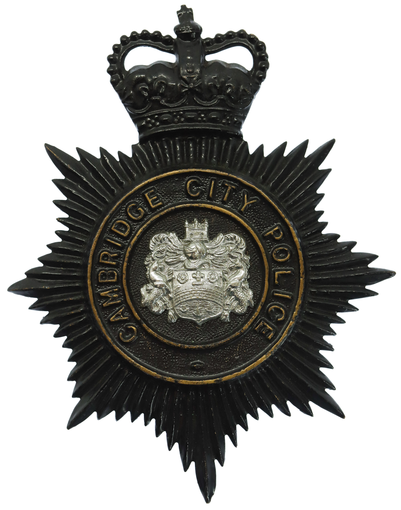 Cambridge City Police Black Helmet Plate - Queen's Crown