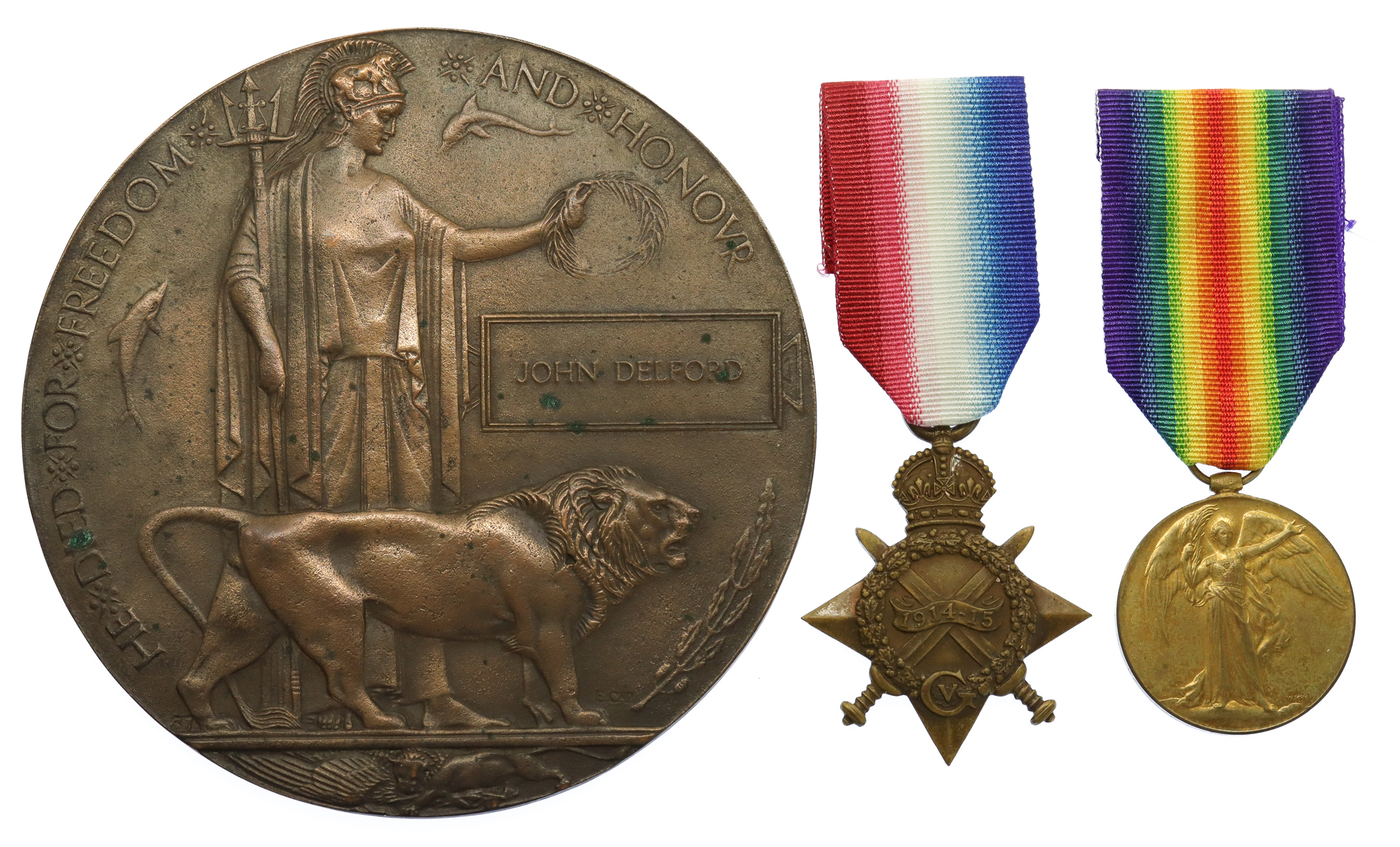 WW1 1914-15 Star, Victory Medal and Memorial Plaque - Bmbr. J. Delford, Royal Field Artillery - Died of Wounds, 25/7/16