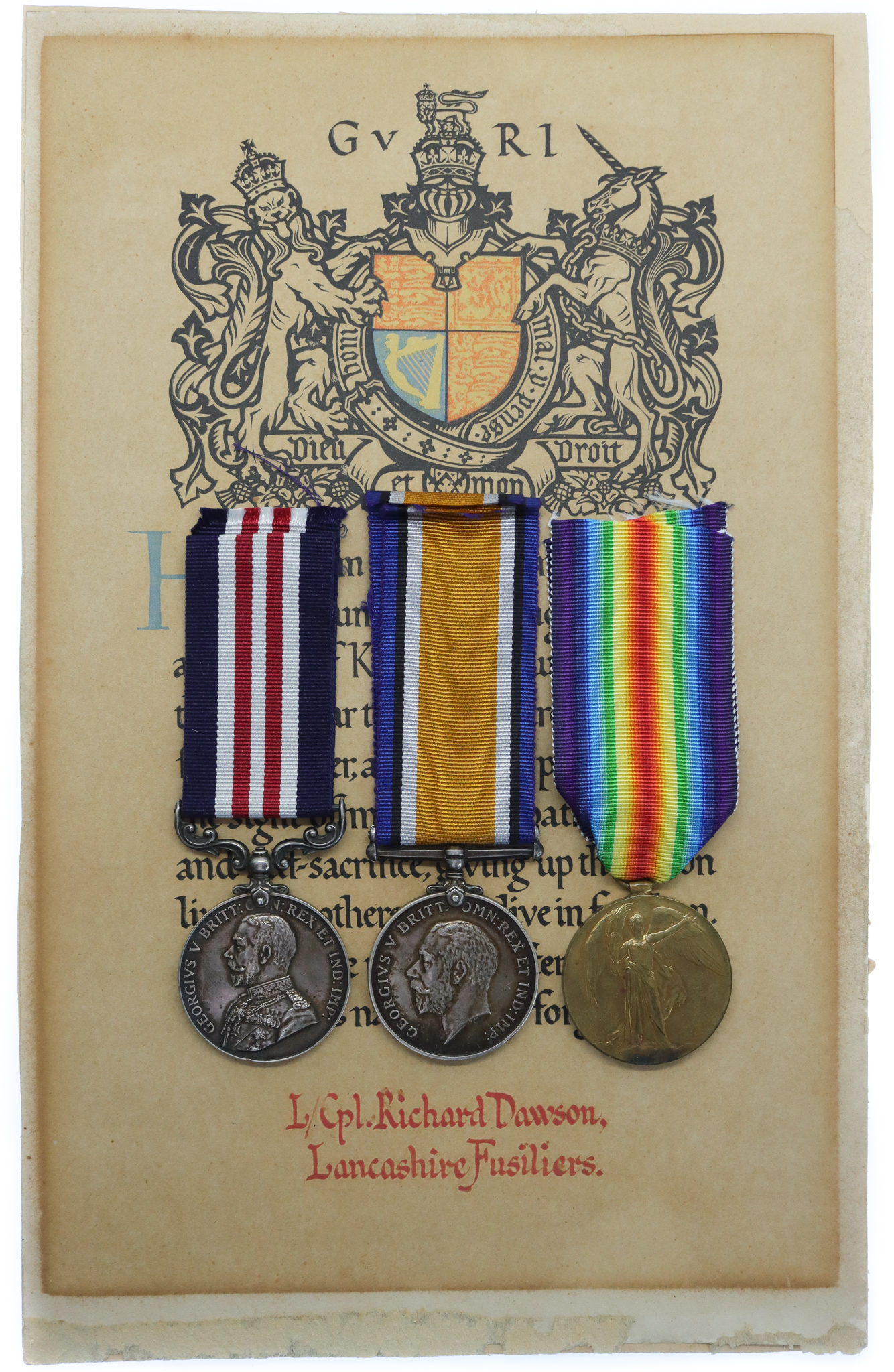 WW1 Military Medal, British War & Victory Medal Group of Three with Memorial Scroll - L.Cpl. R. Dawson, 18th Bn. Lancashire Fusiliers - K.I.A. 22/10/17