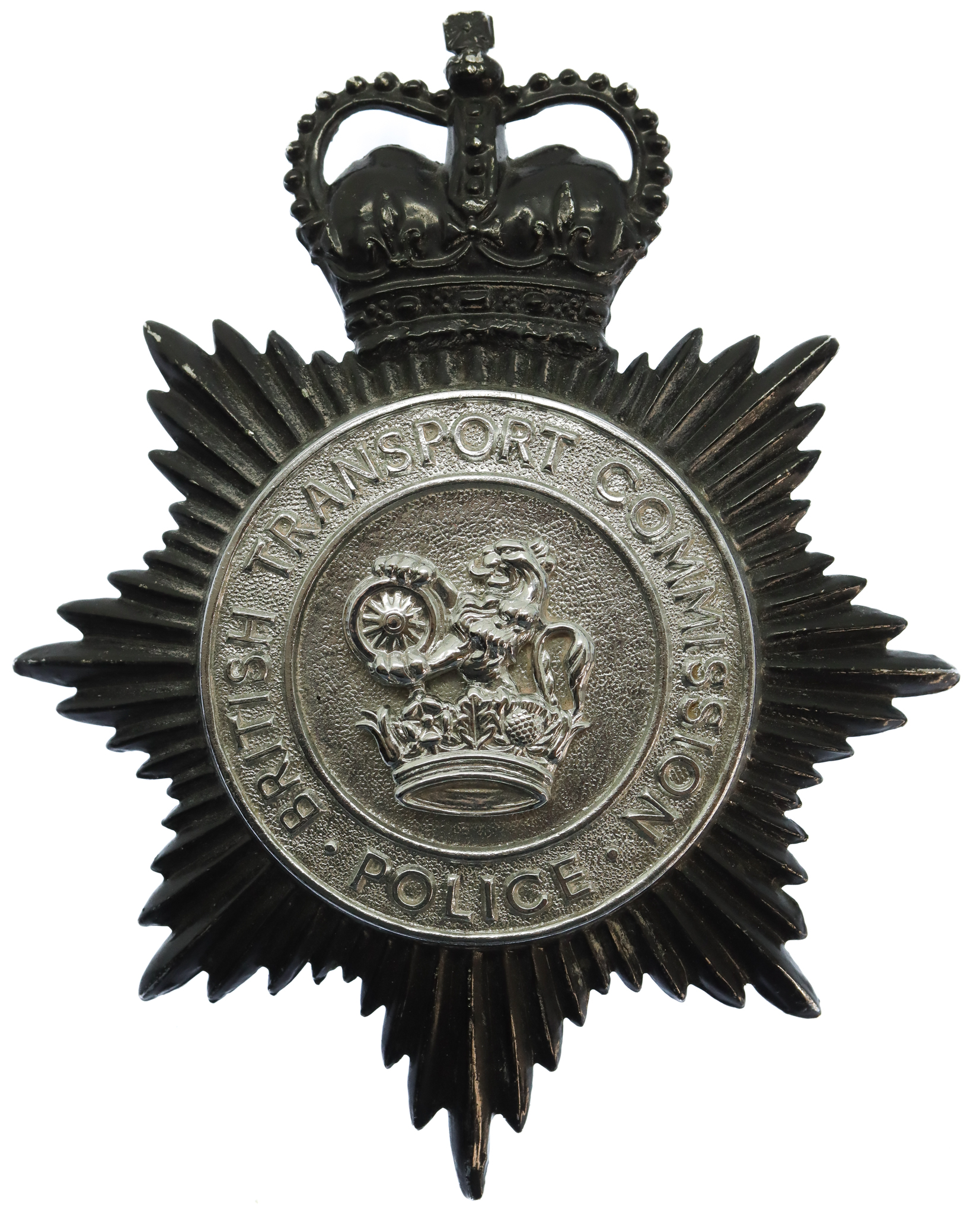 British Transport Commission Police Blackened Chrome Helmet Plate - Queen's Crown
