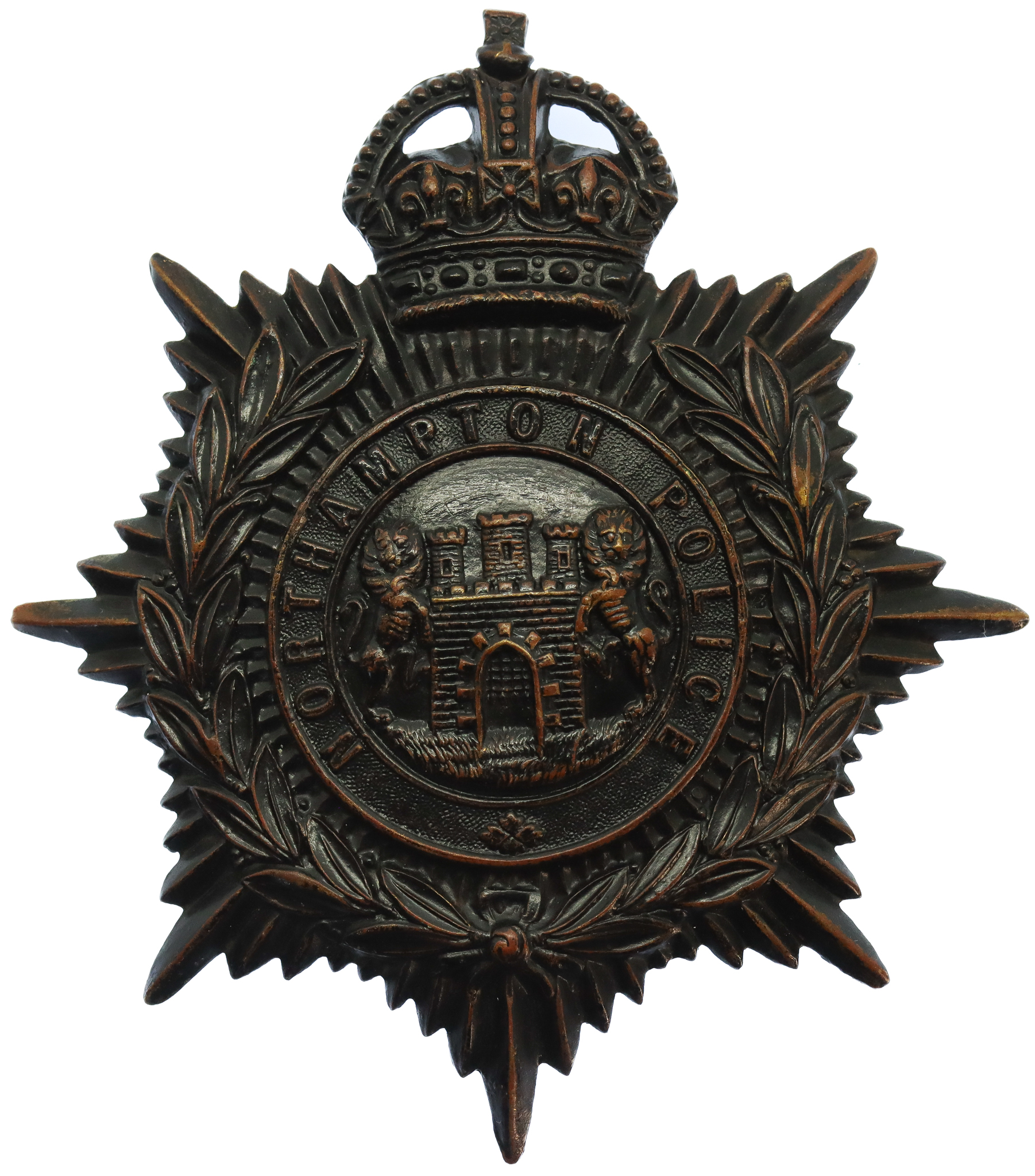 Northampton Borough Police Blackened Brass Night Helmet Plate - King's Crown