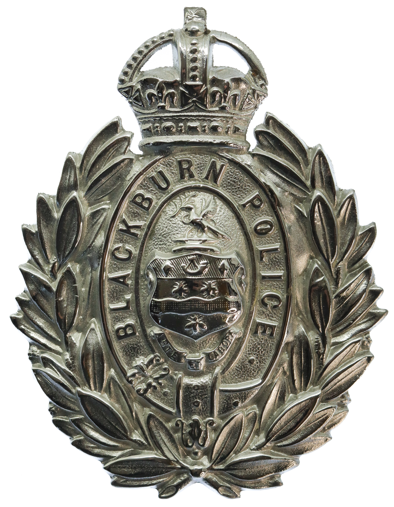 Blackburn Borough Police Chrome Wreath Helmet Plate - King's Crown