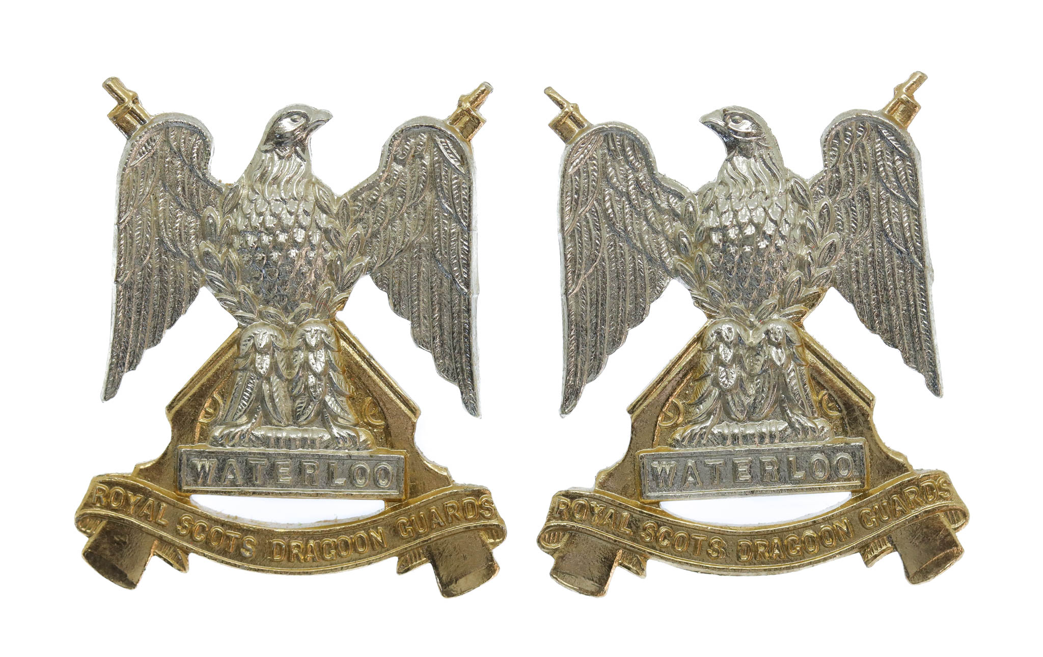 Pair of Royal Scots Dragoon Guards Anodised (Staybrite) Collar Badges