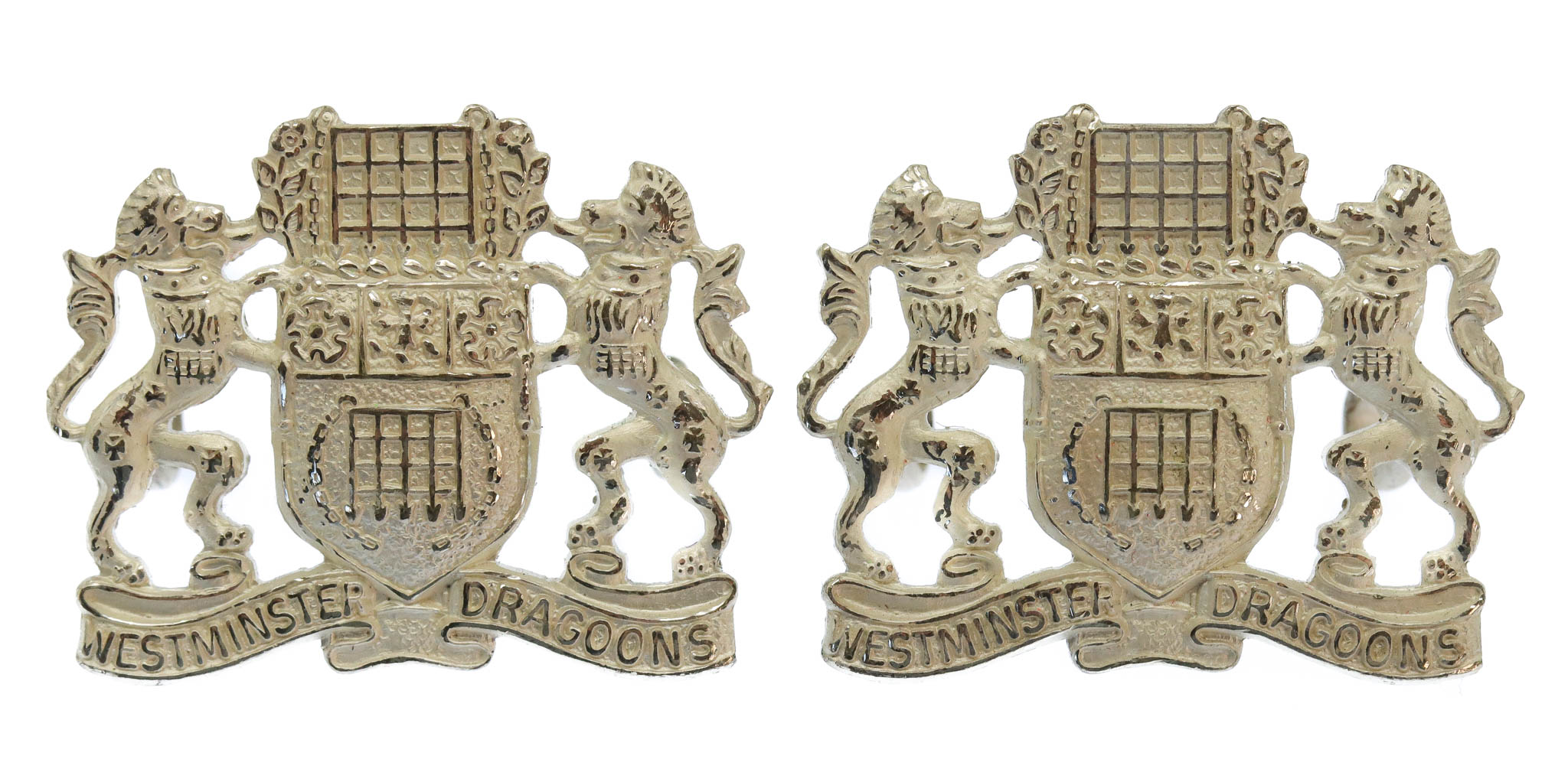 Pair of Westminster Dragoons Officer's Silvered Collar Badges