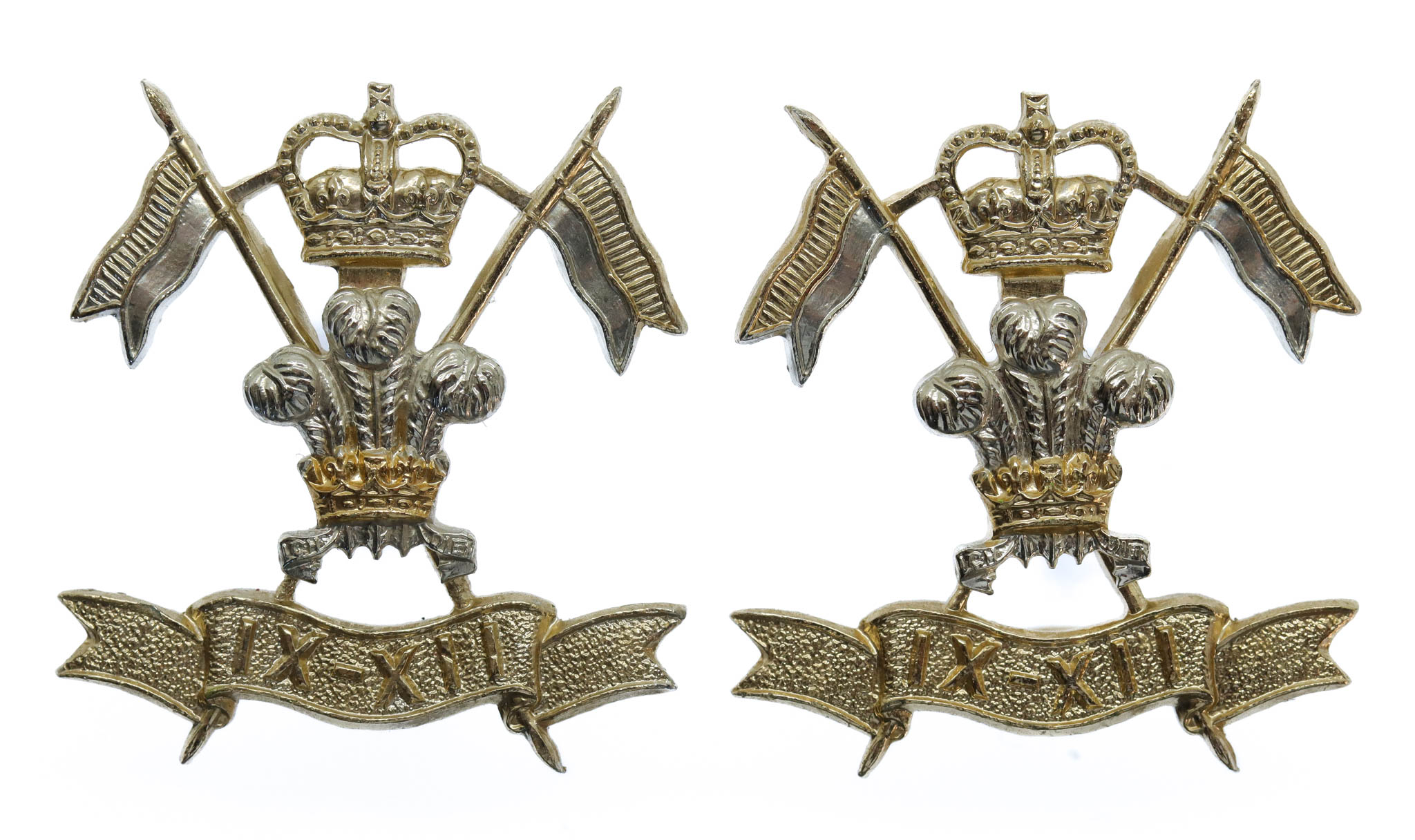 Pair of 9th/12th Royal Lancers Anodised (Staybrite) Collar Badges