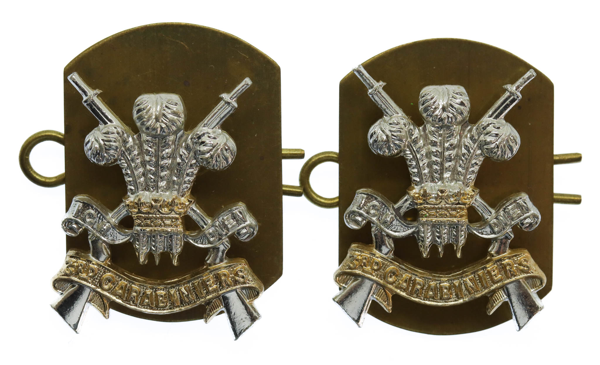 Pair of 3rd Carabiniers Anodised (Staybrite) Collar Badges