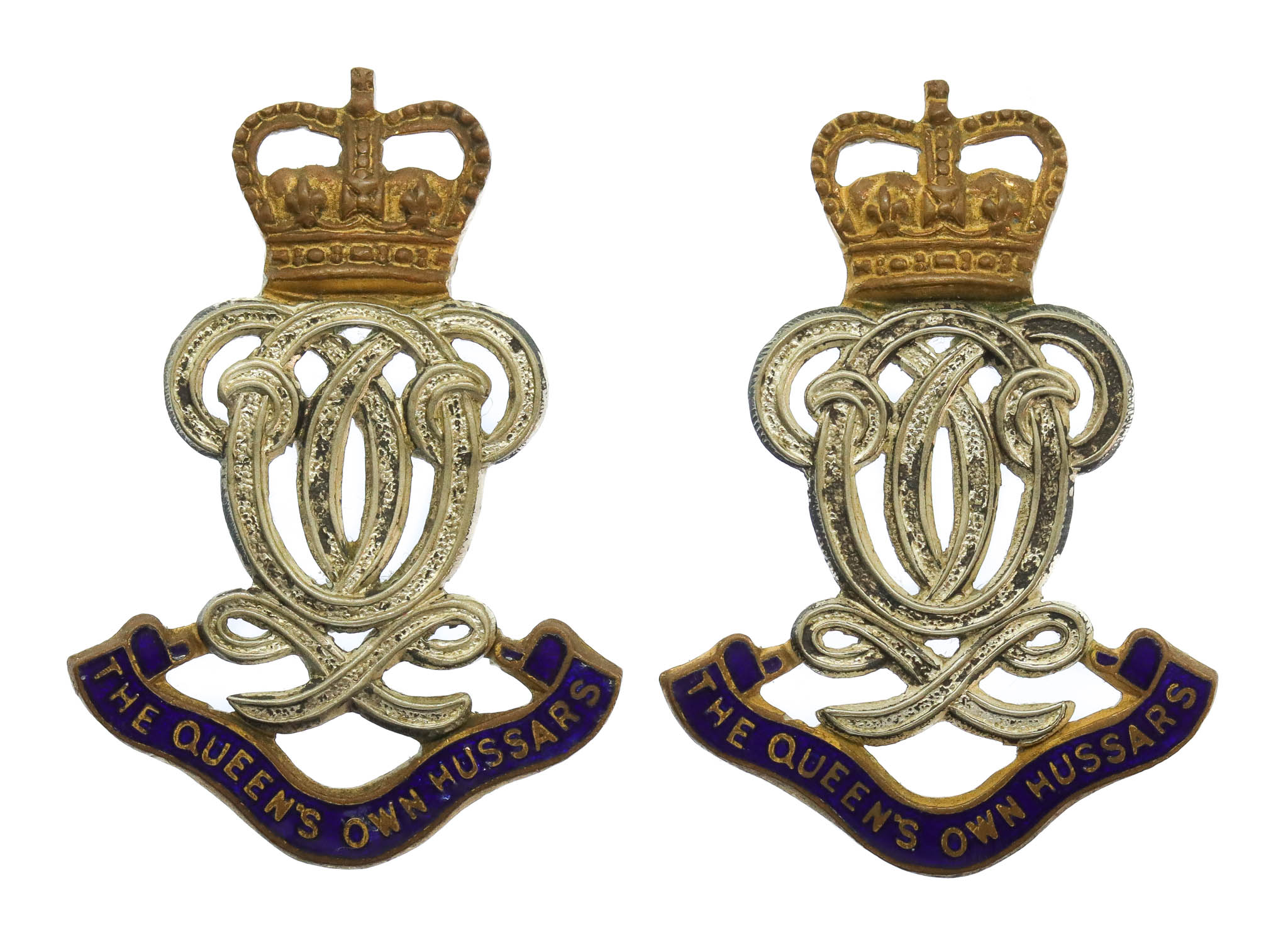 Pair of Queen's Own Hussars Officer's Silvered, Gilt & Enamel Collar Badges