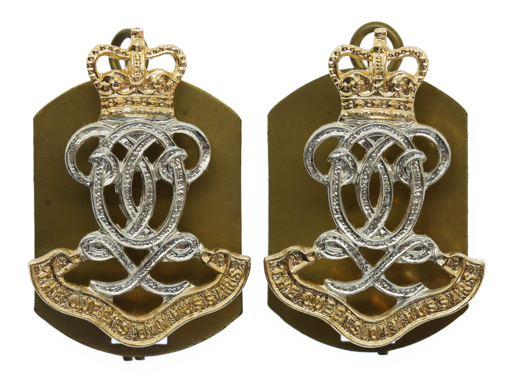 Pair of Queen's Own Hussars Anodised (Staybrite) Collar Badges