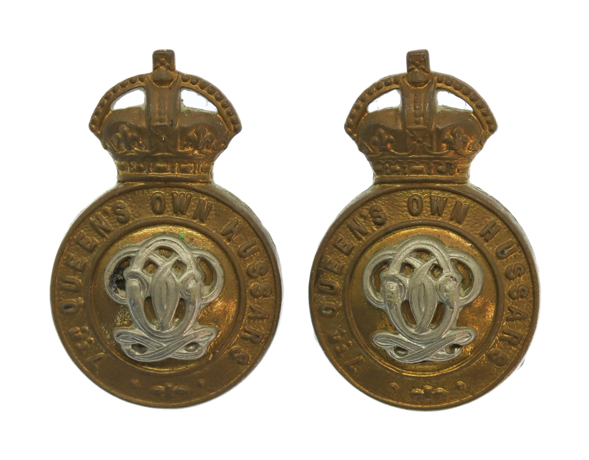 Pair of 7th Queen's Own Hussars Collar Badges - King's Crown
