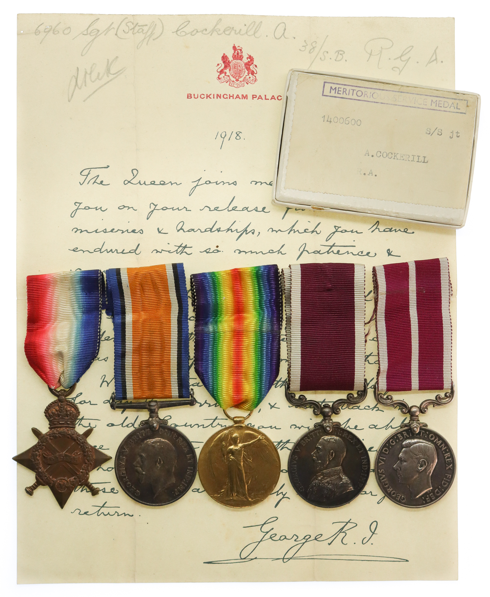 WW1 Prisoner of War MSM and Long Service Medal Group of Five with Buckingham Palace Letter - S.Sgt. A. Cockerill, Royal Artillery