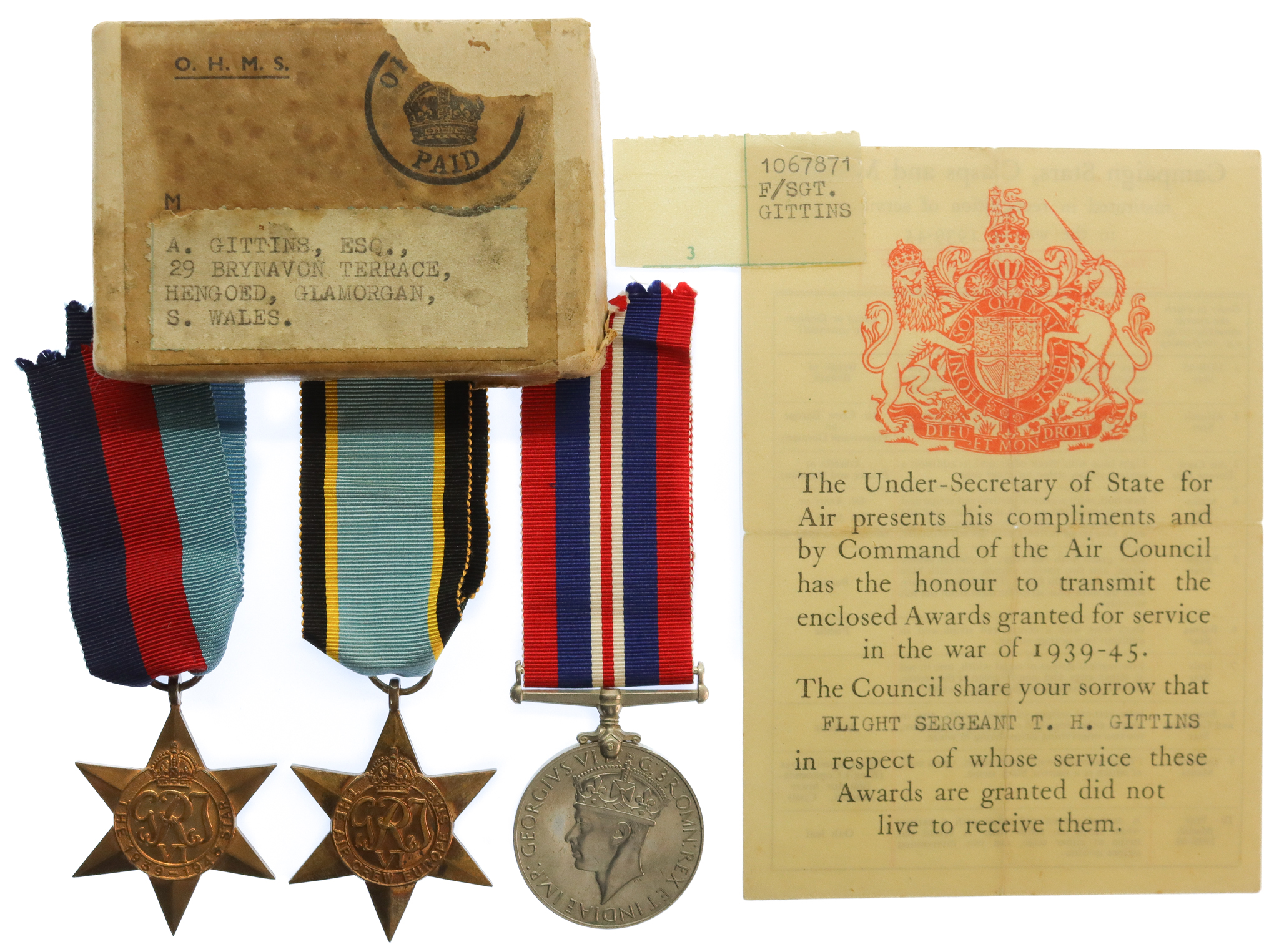WW2 Air Crew Europe Casualty Medal Group of Three - Flt. Sgt. T.H. Gittins, 75th (R.N.Z.A.F.) Sqdn. Royal Air Force Volunteer Reserve - K.I.A. 7/8/43
