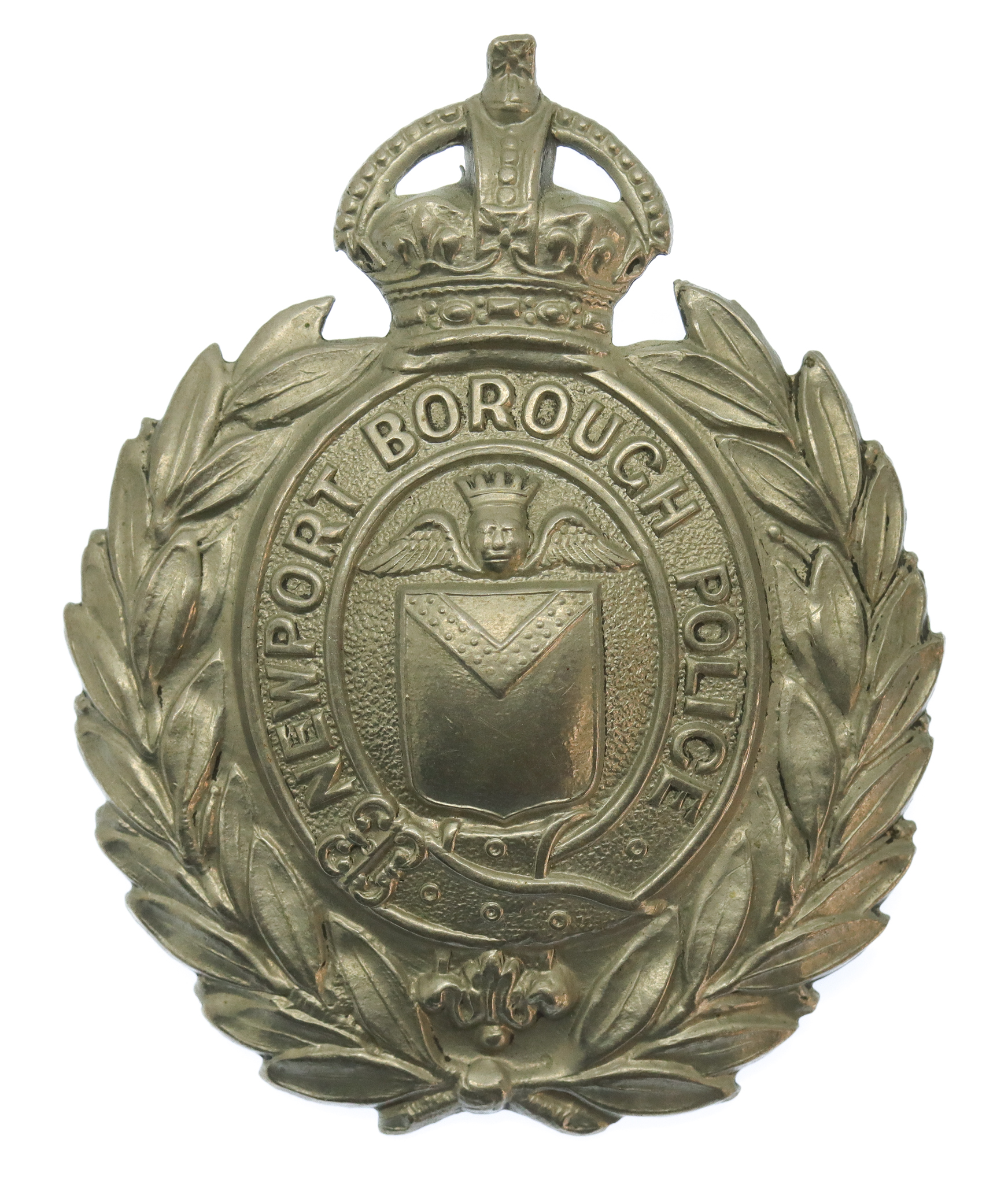 Newport Borough Police White Metal Wreath Cap Badge - King's Crown