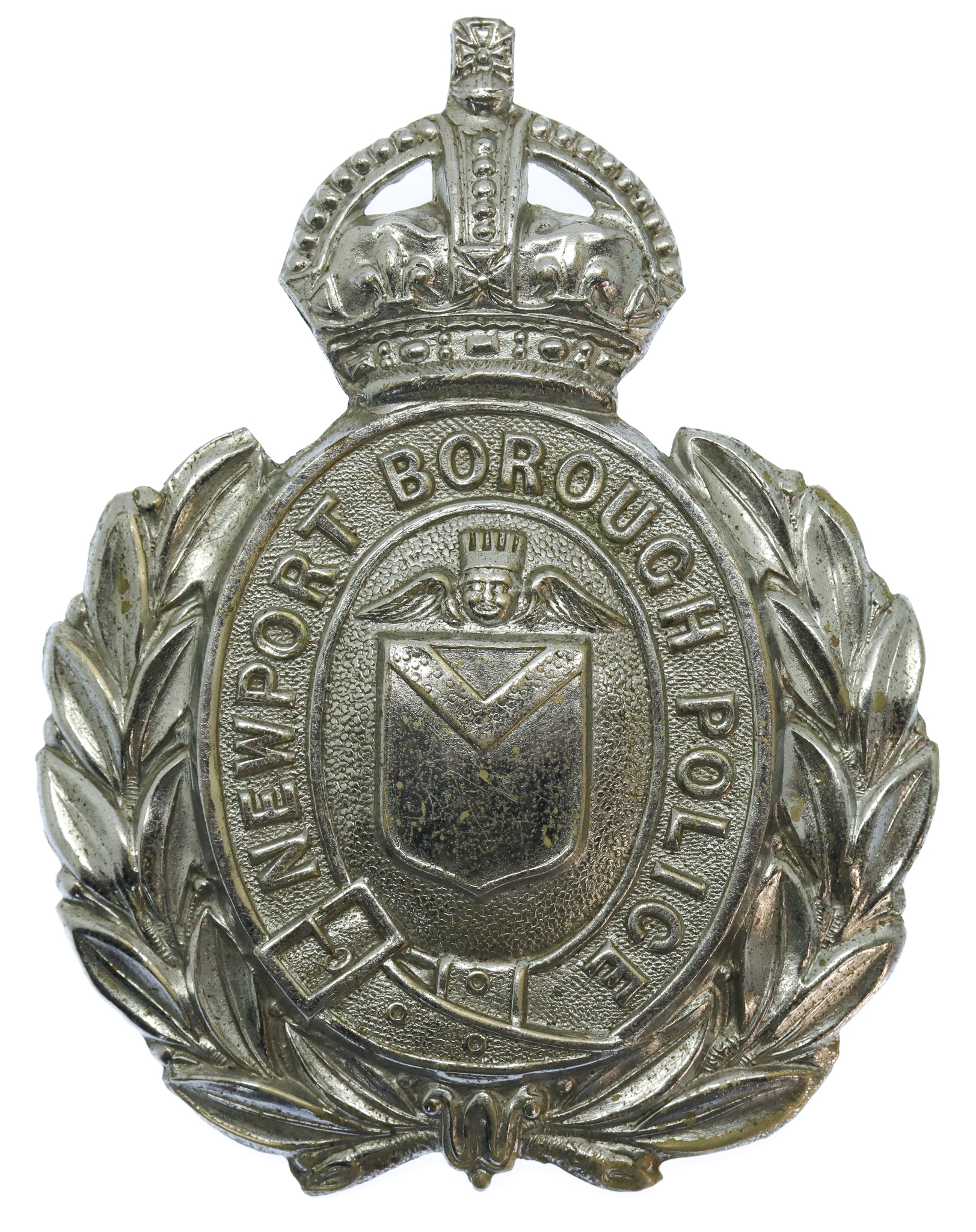 Newport Borough Police Wreath Helmet Plate - King's Crown