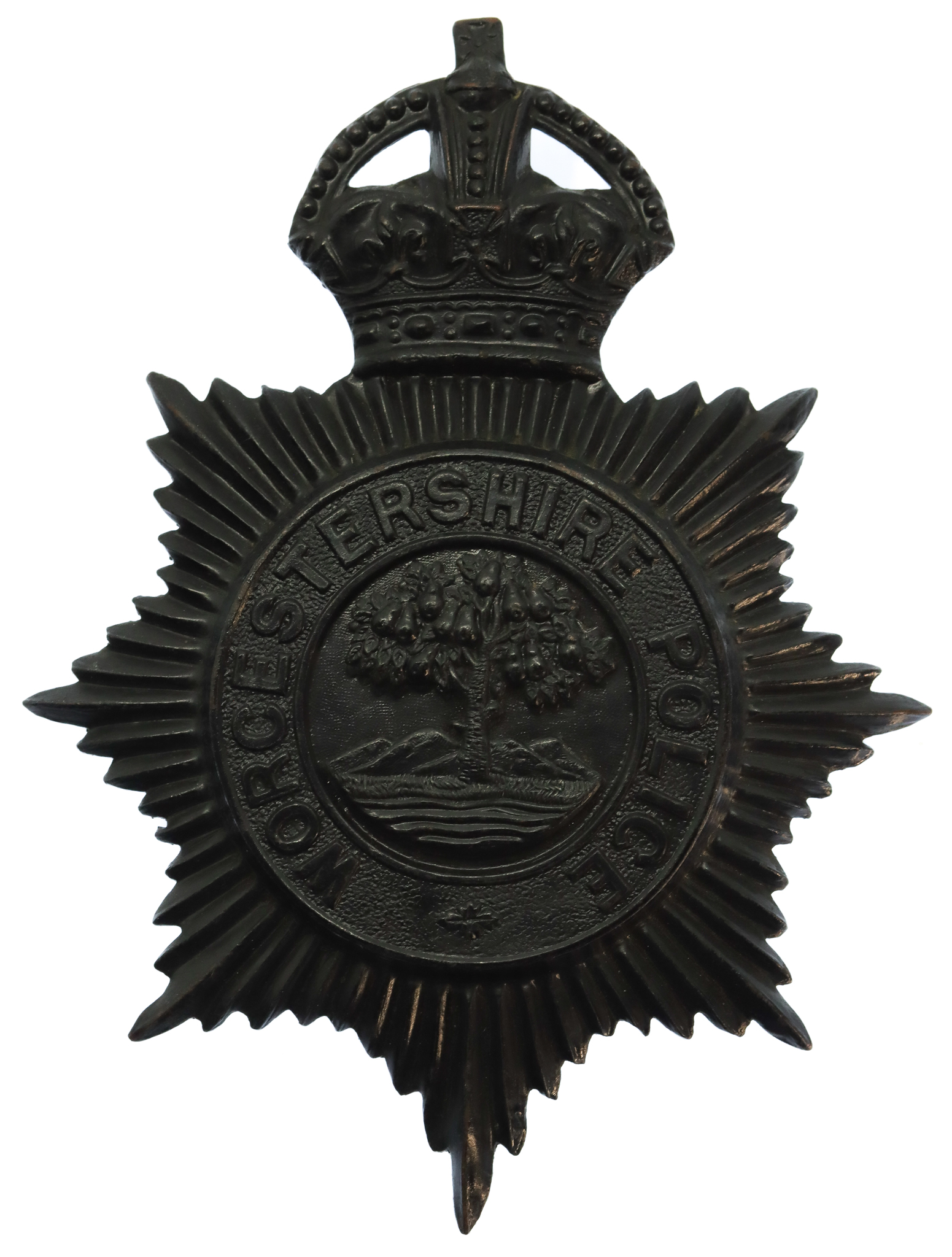 Worcestershire Police Blackened Brass Helmet Plate - King's Crown