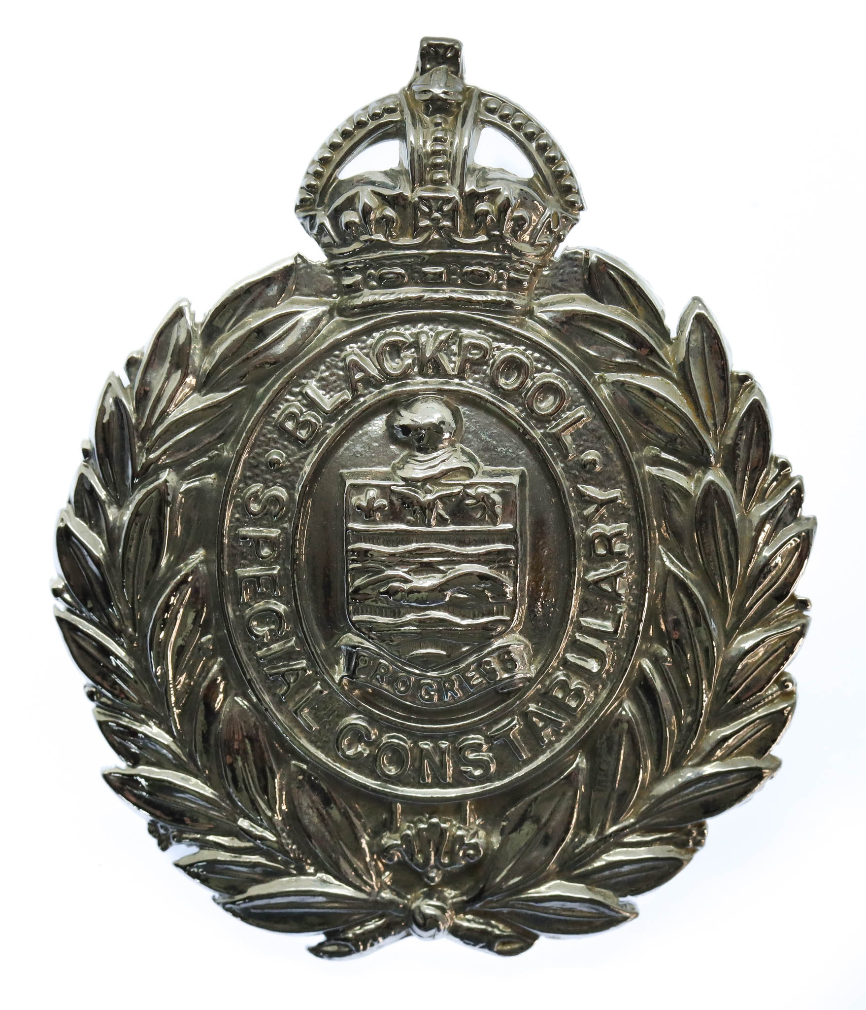 Blackpool Special Constabulary Chrome Wreath Cap Badge - King's Crown