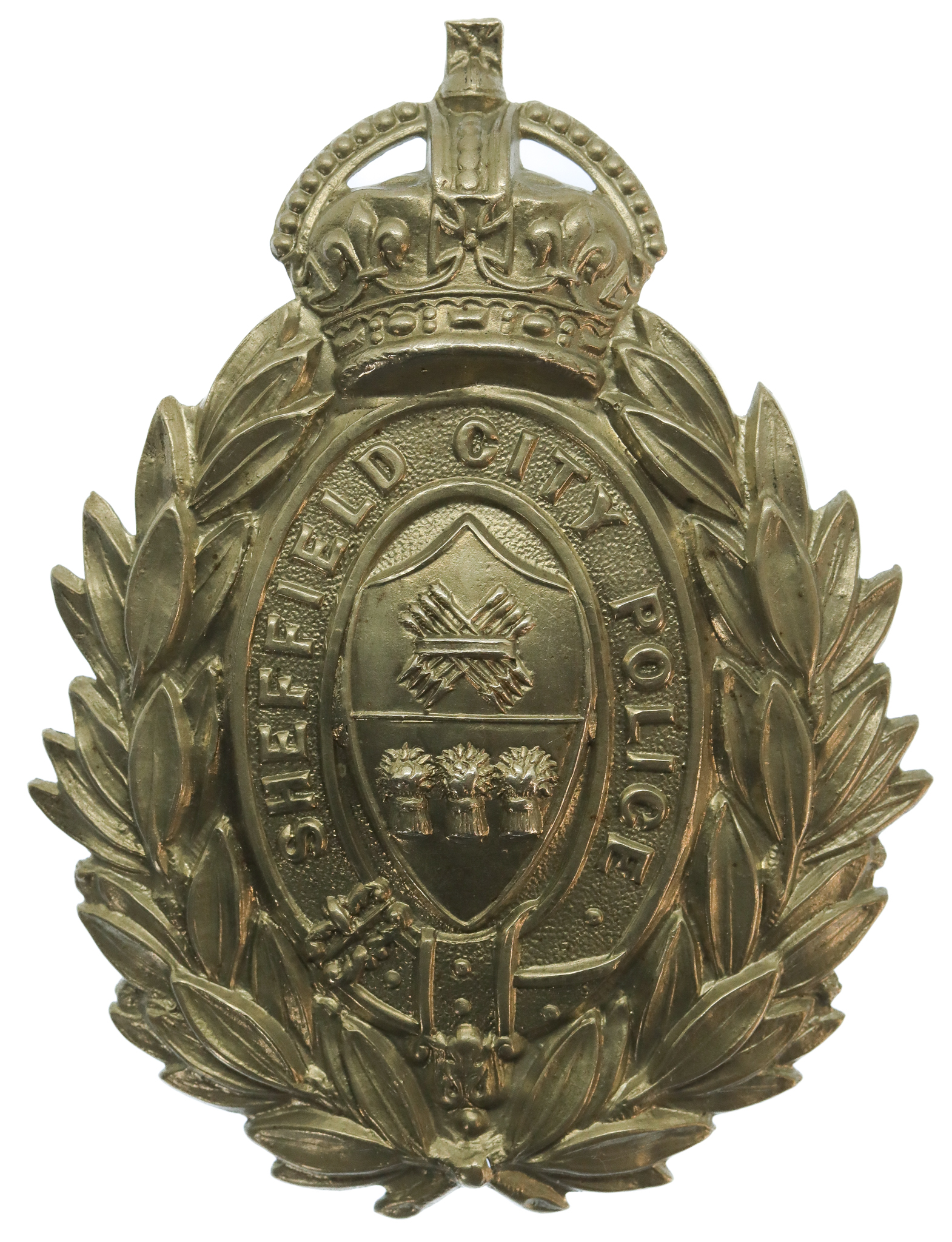 Sheffield City Police White Metal Wreath Helmet Plate - King's Crown