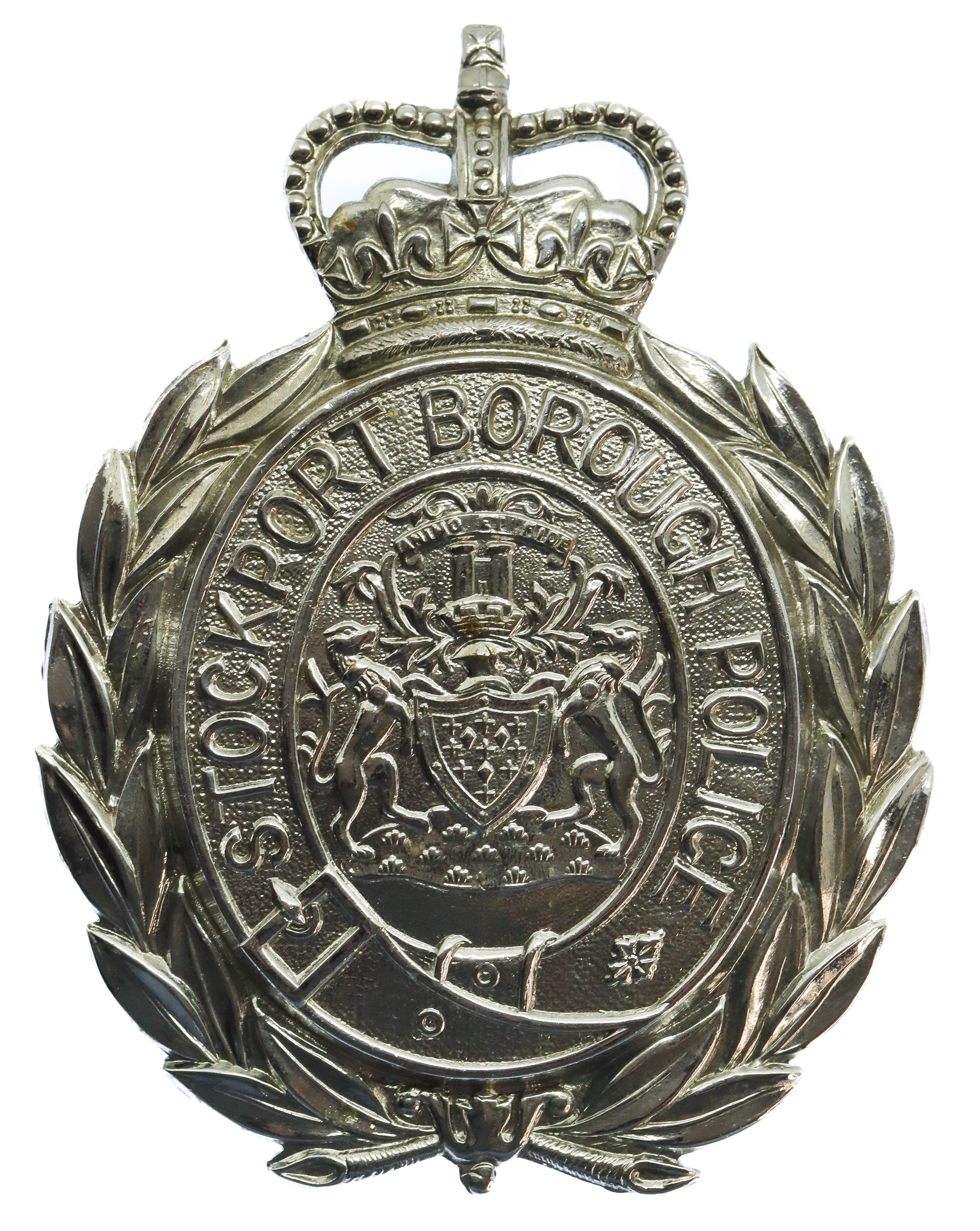Stockport Borough Police Wreath Helmet Plate - Queen's Crown (Non Voided Centre)