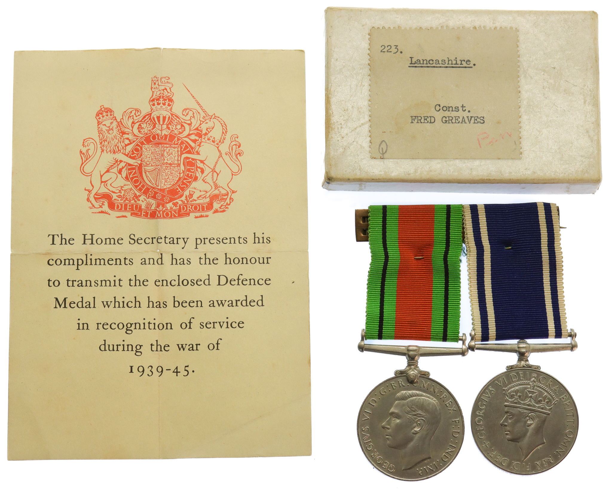 WW2 Defence Medal and George VI Police Long Service & Good Conduct Medal Pair - Constable Fred Greaves, Lancashire Constabulary