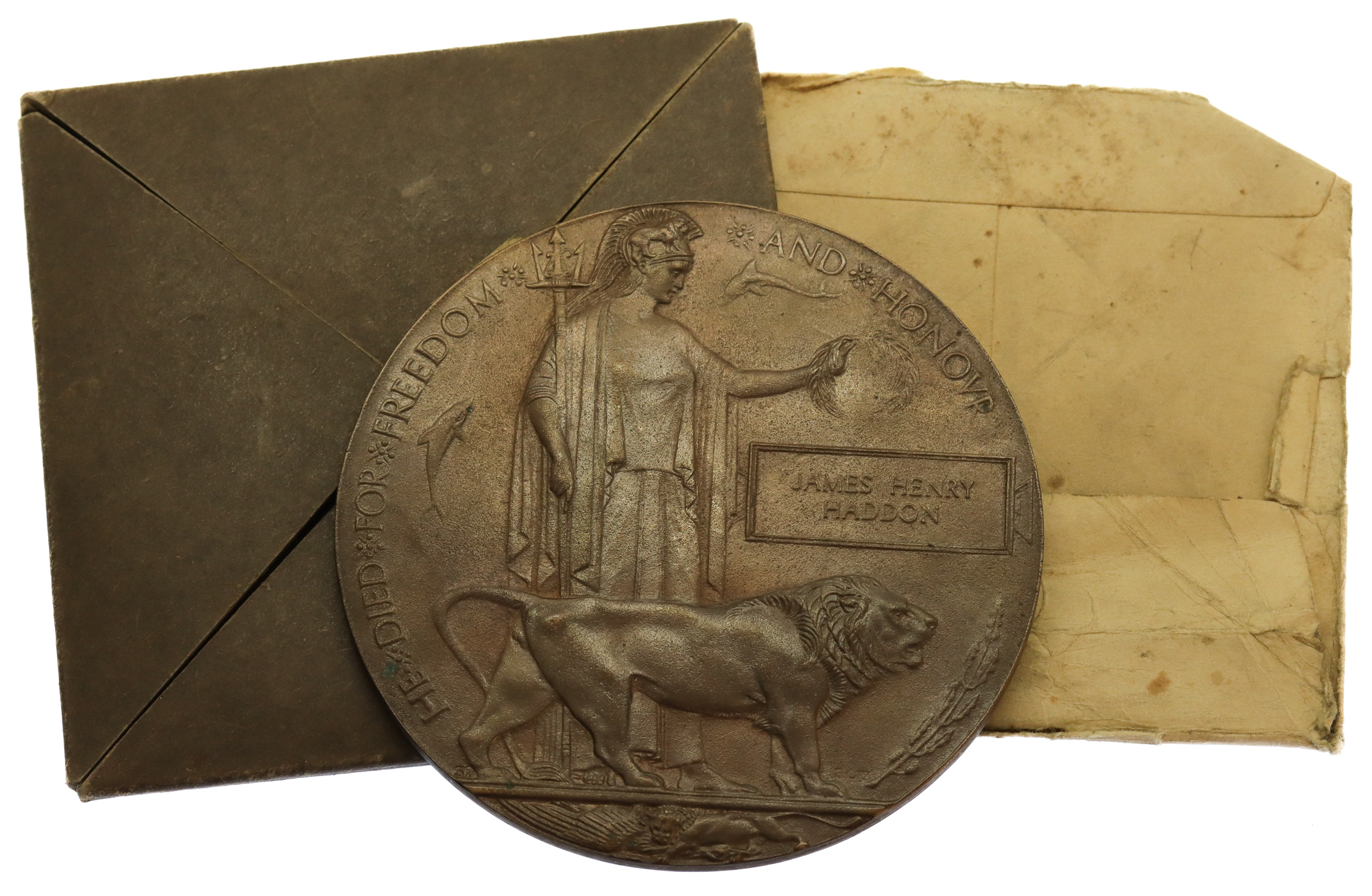 WW1 Memorial Plaque (Death Penny) with Box and Envelope - L.Cpl. James Henry Haddon, 3rd Bn. Coldstream Guards - K.I.A. 15/9/16