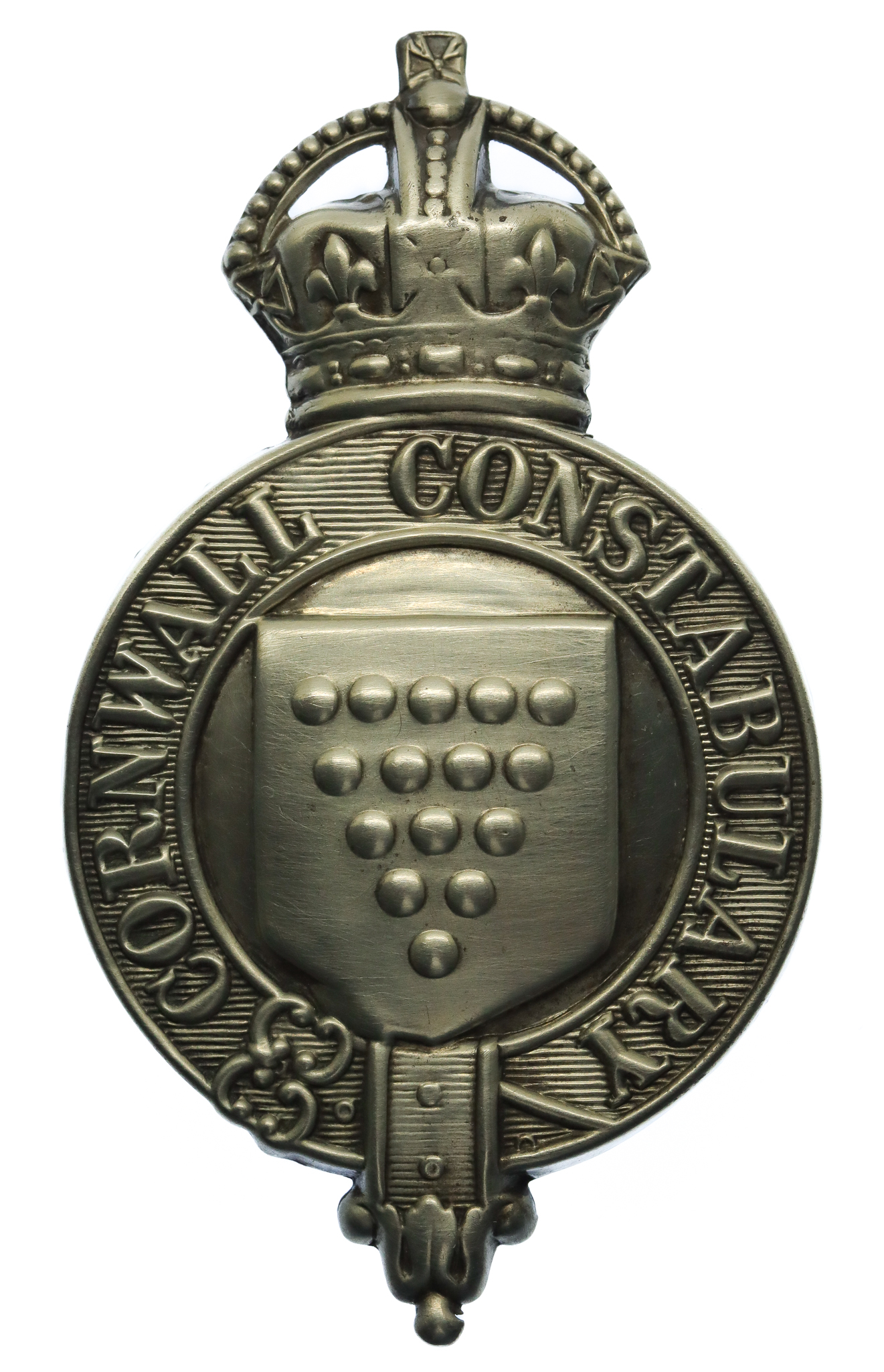 Cornwall Constabulary White Metal Helmet Plate - King's Crown