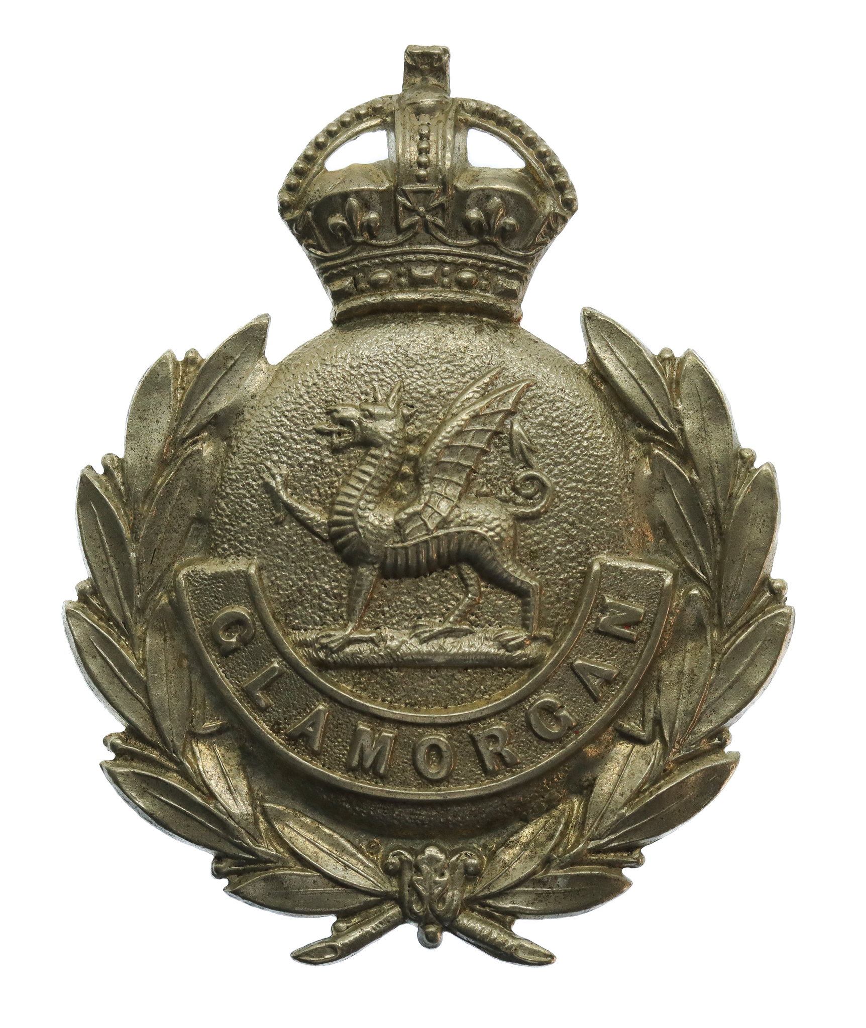 Glamorgan Constabulary Small White Metal Wreath Helmet Plate/Cap Badge - King's Crown