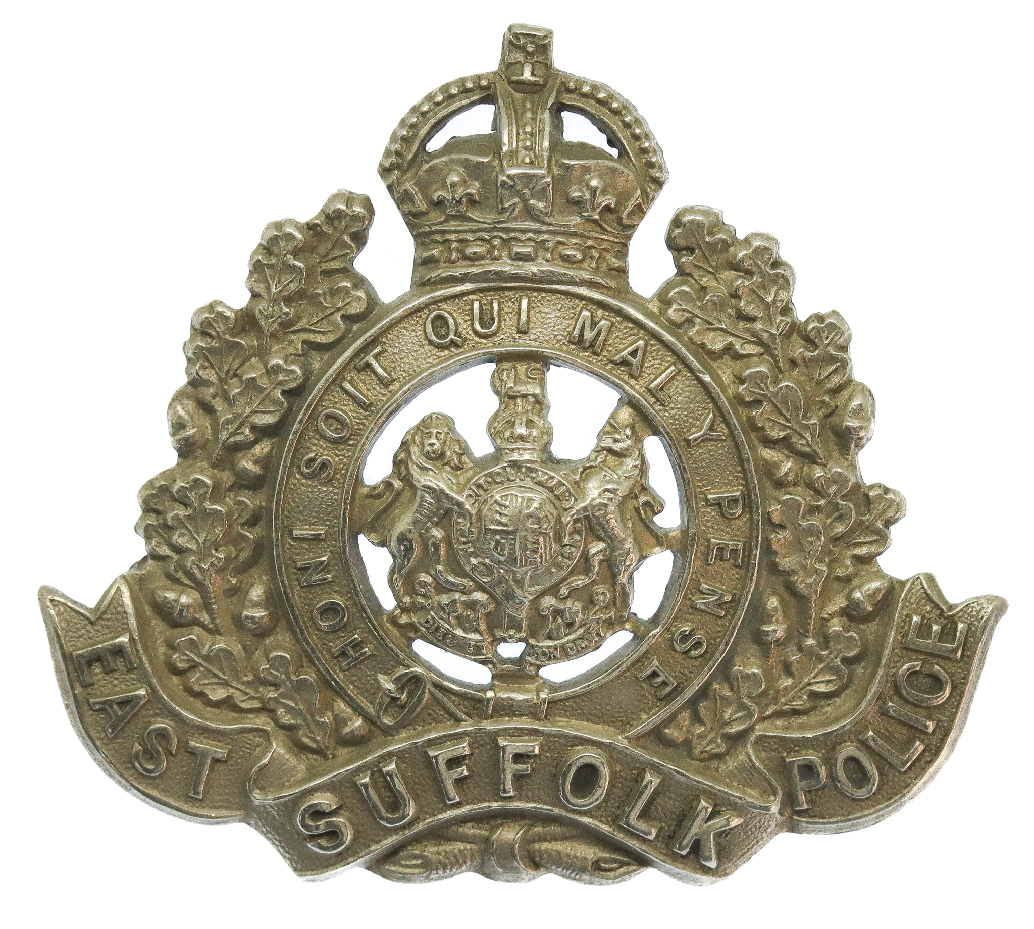 East Suffolk Police White Metal Cap Badge - King's Crown