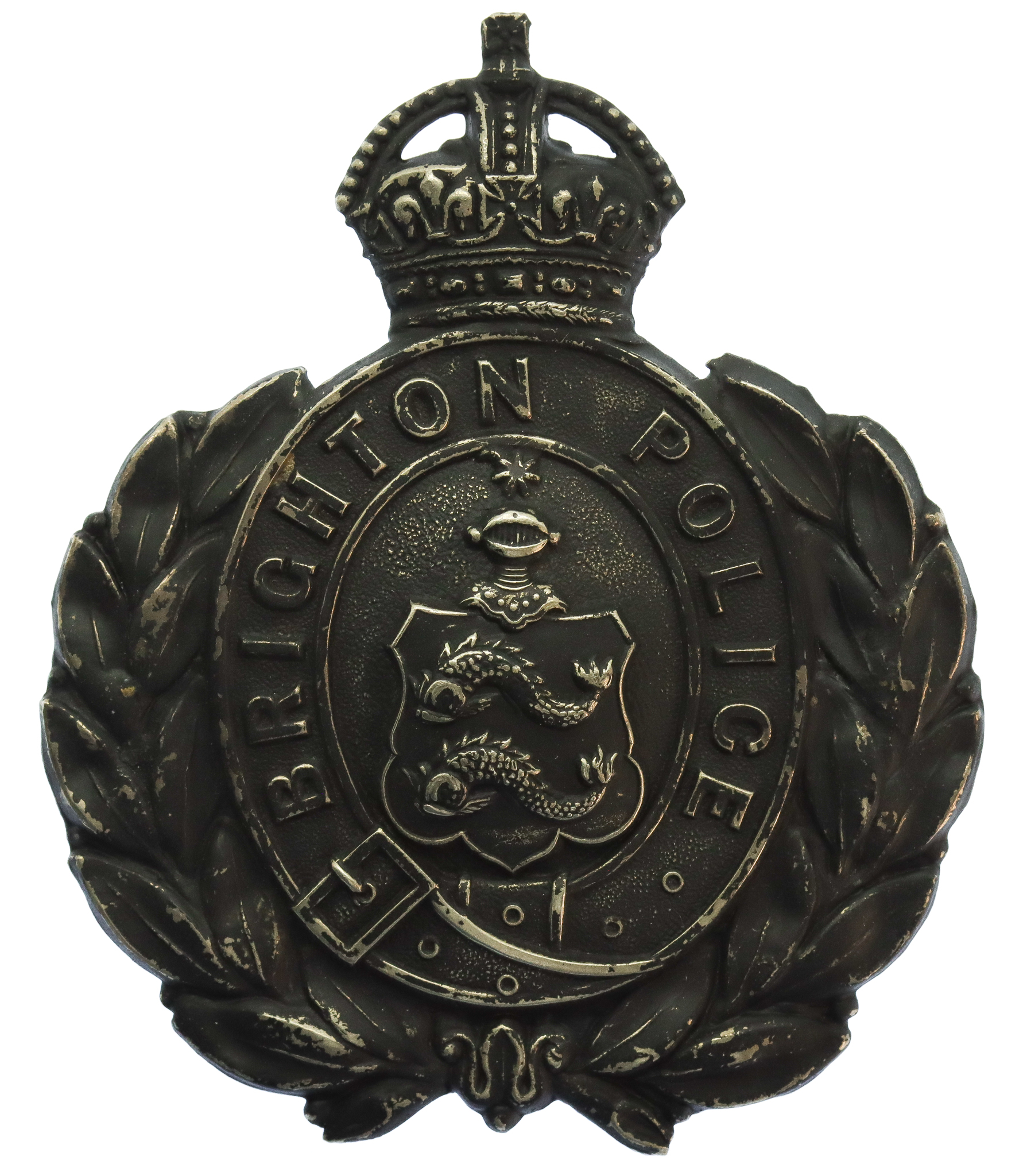 Brighton Borough Police Blackened Metal Helmet Plate - King's Crown