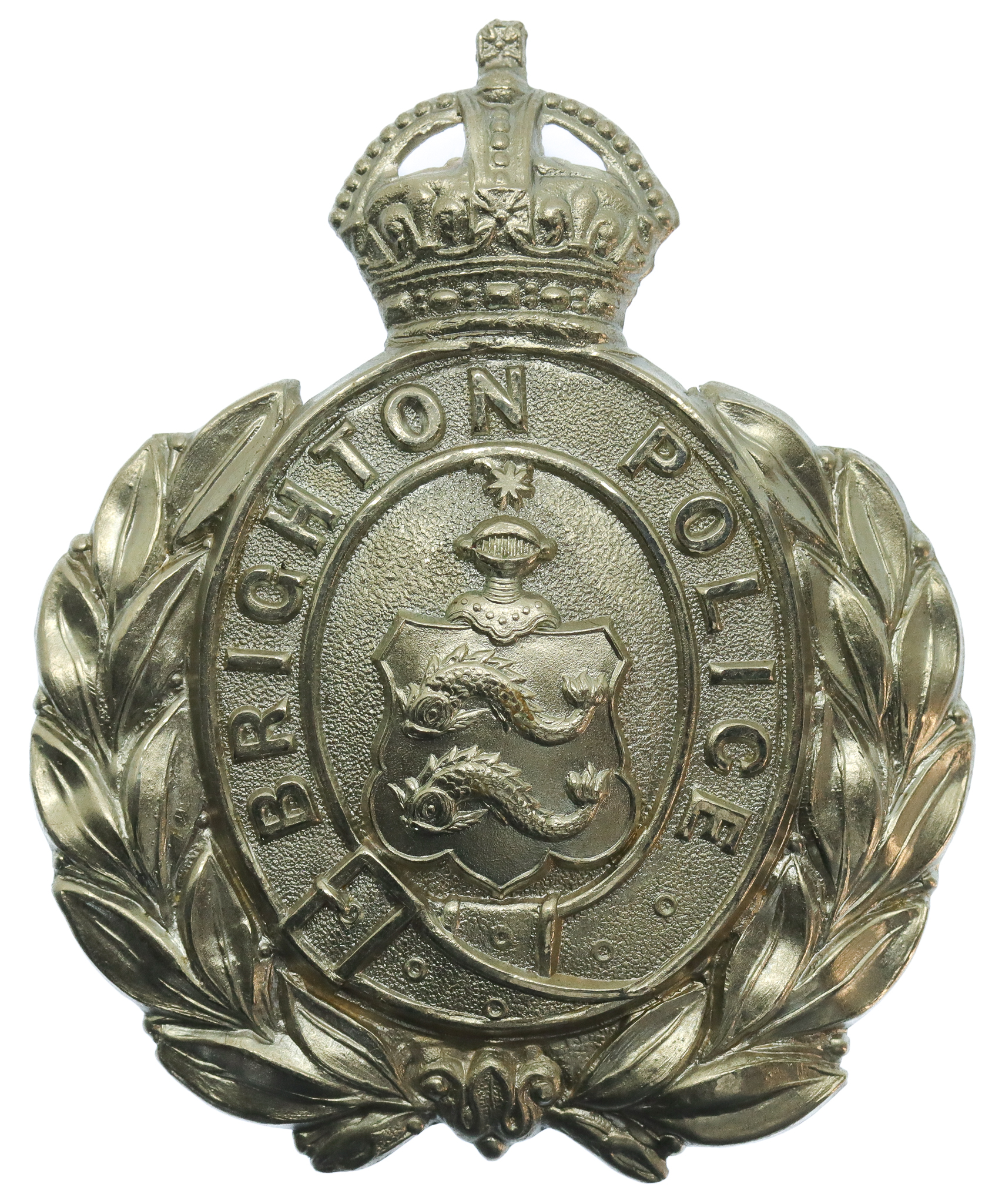 Brighton Borough Police White Metal Wreath Helmet Plate - King's Crown