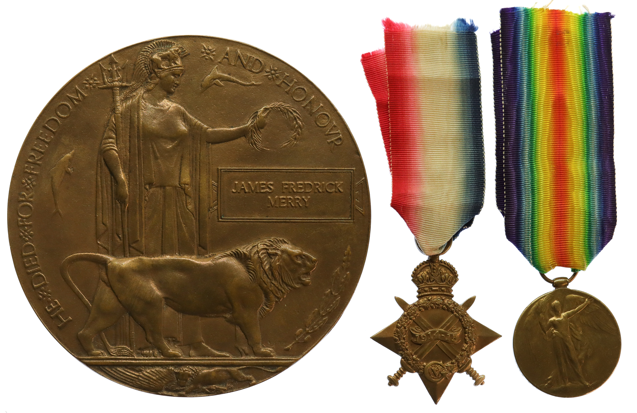 WW1 1914-15 Star, Victory Medal and Memorial Plaque - Pte. J.F. Merry, Royal Warwickshire Regiment - Died of Wounds, 29/3/16