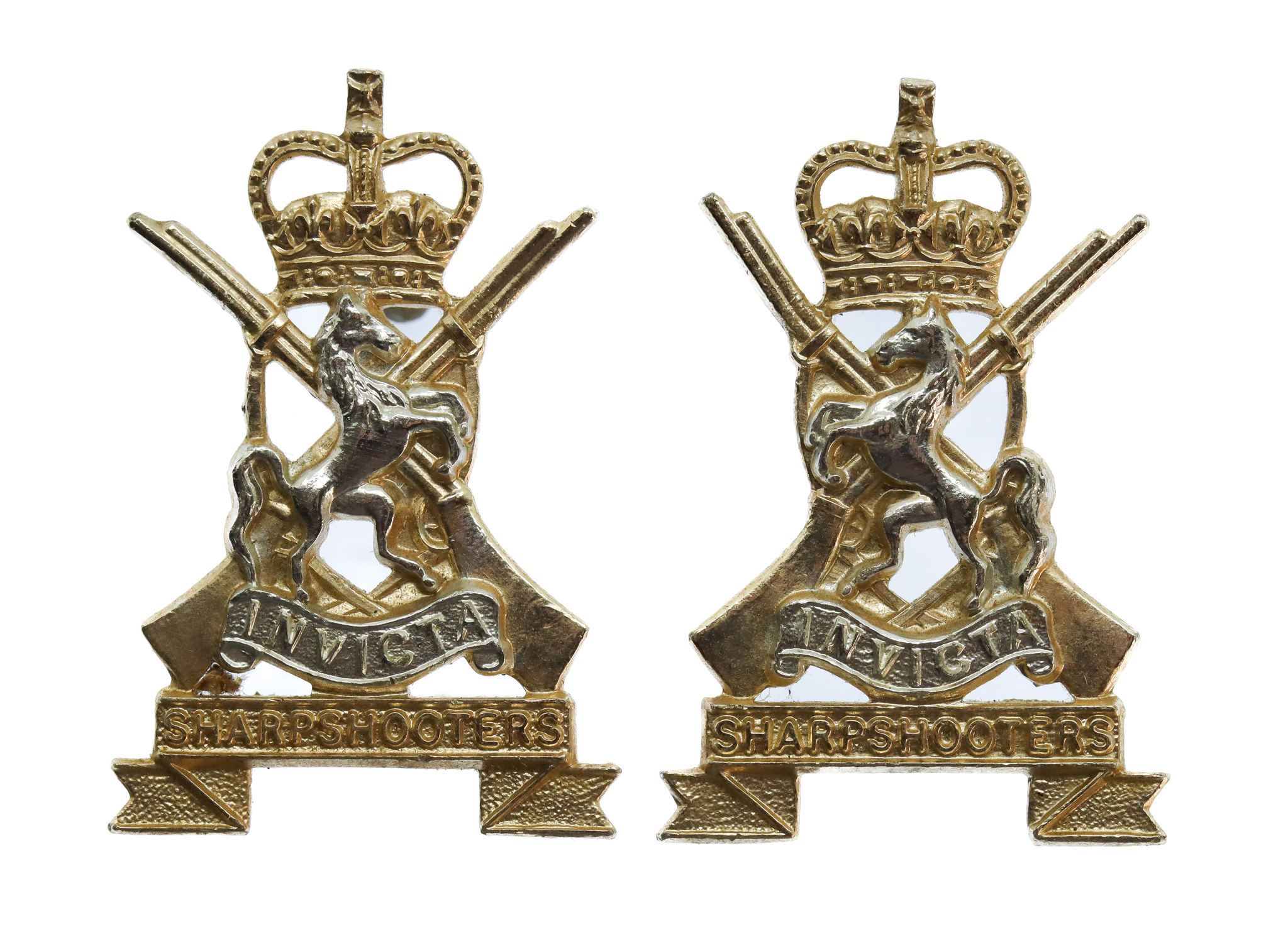Pair of Kent & County of London Yeomanry (Sharpshooters) Anodised (Staybrite) Collar Badges