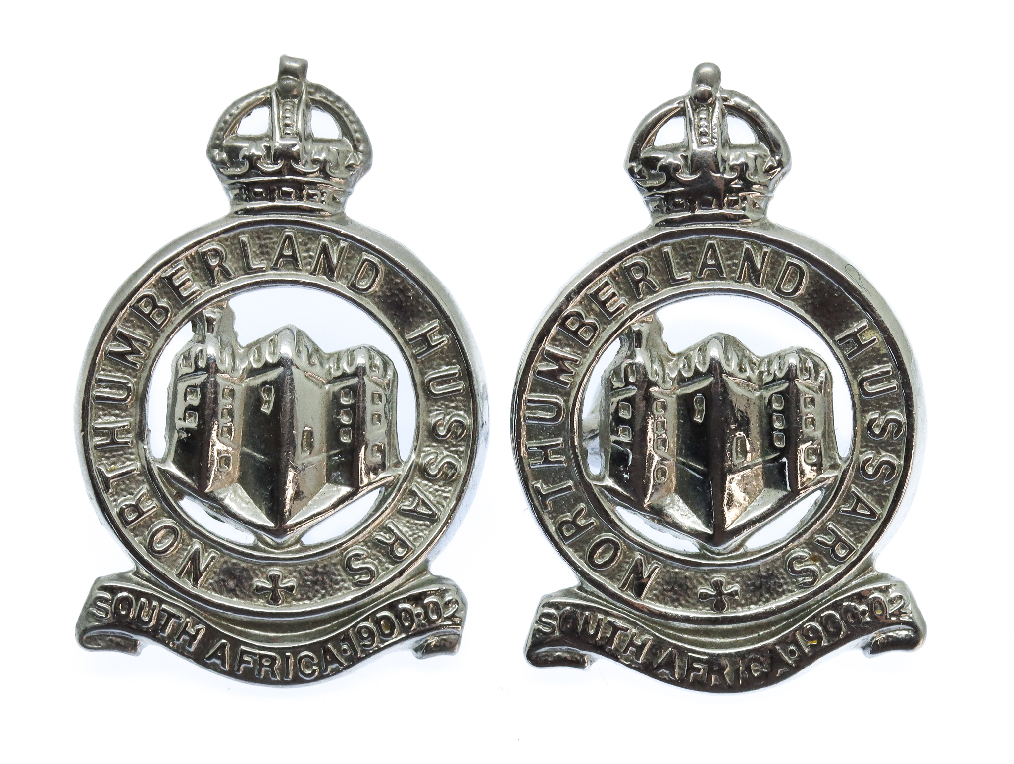 Pair of Northumberland Hussars Chrome Collar Badges - King's Crown