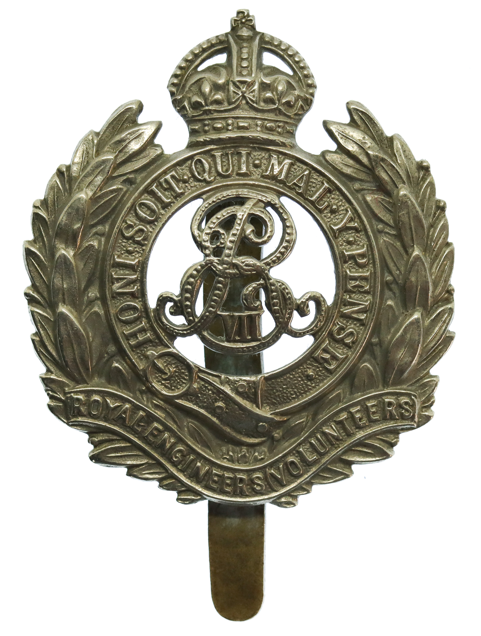 Edward VII Royal Engineers (Volunteers) White Metal Cap Badge