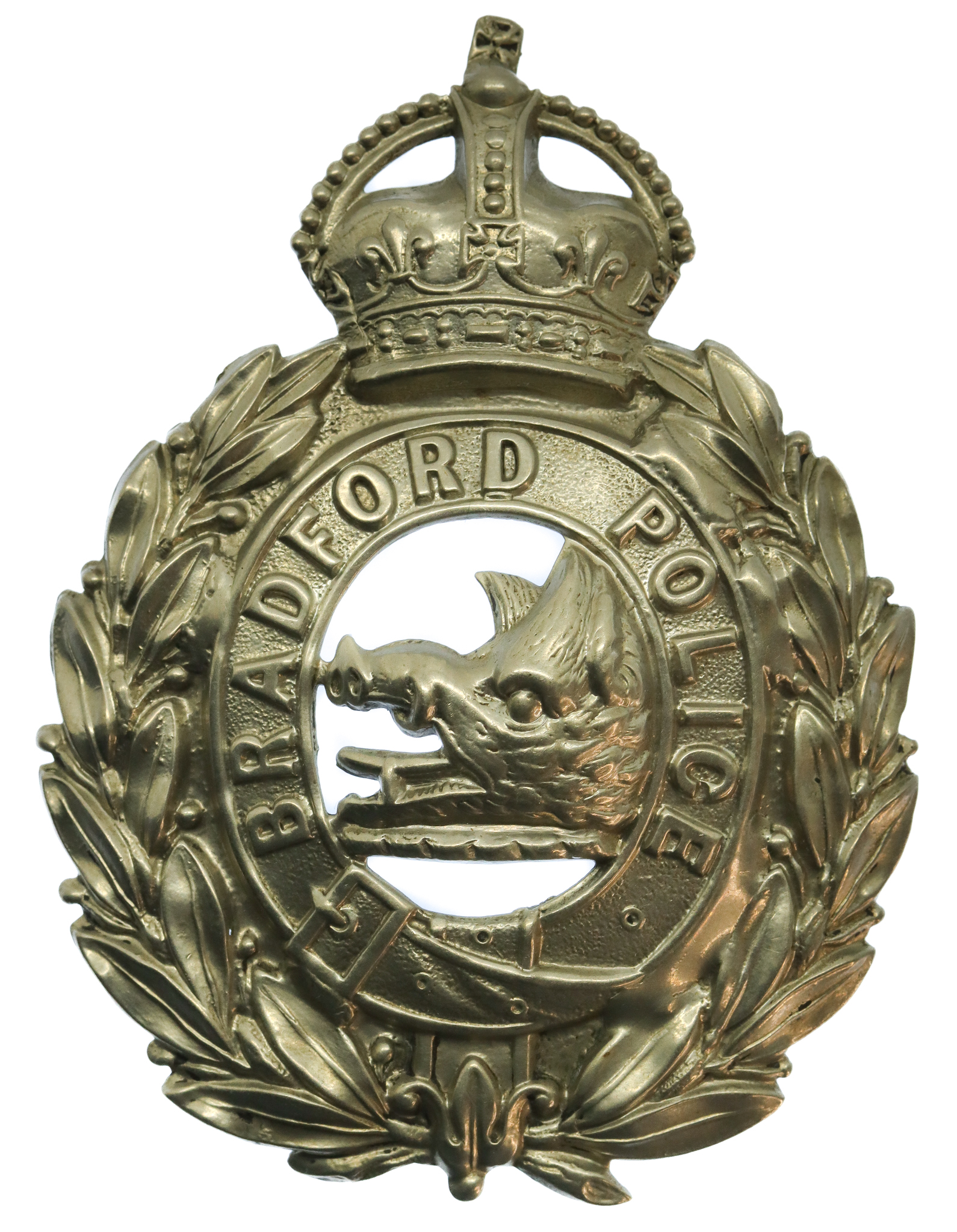 Bradford City Police White Metal Wreath Helmet Plate - King's Crown