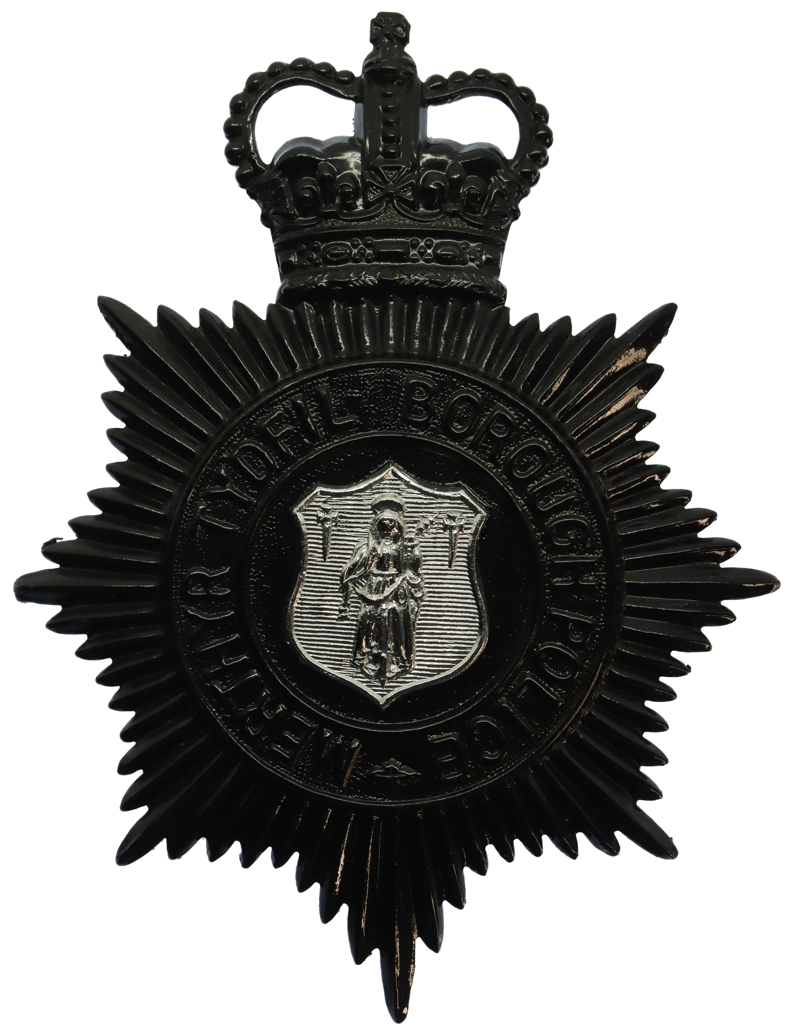 Merthyr Tydfil Borough Police Night Helmet Plate - Queen's Crown