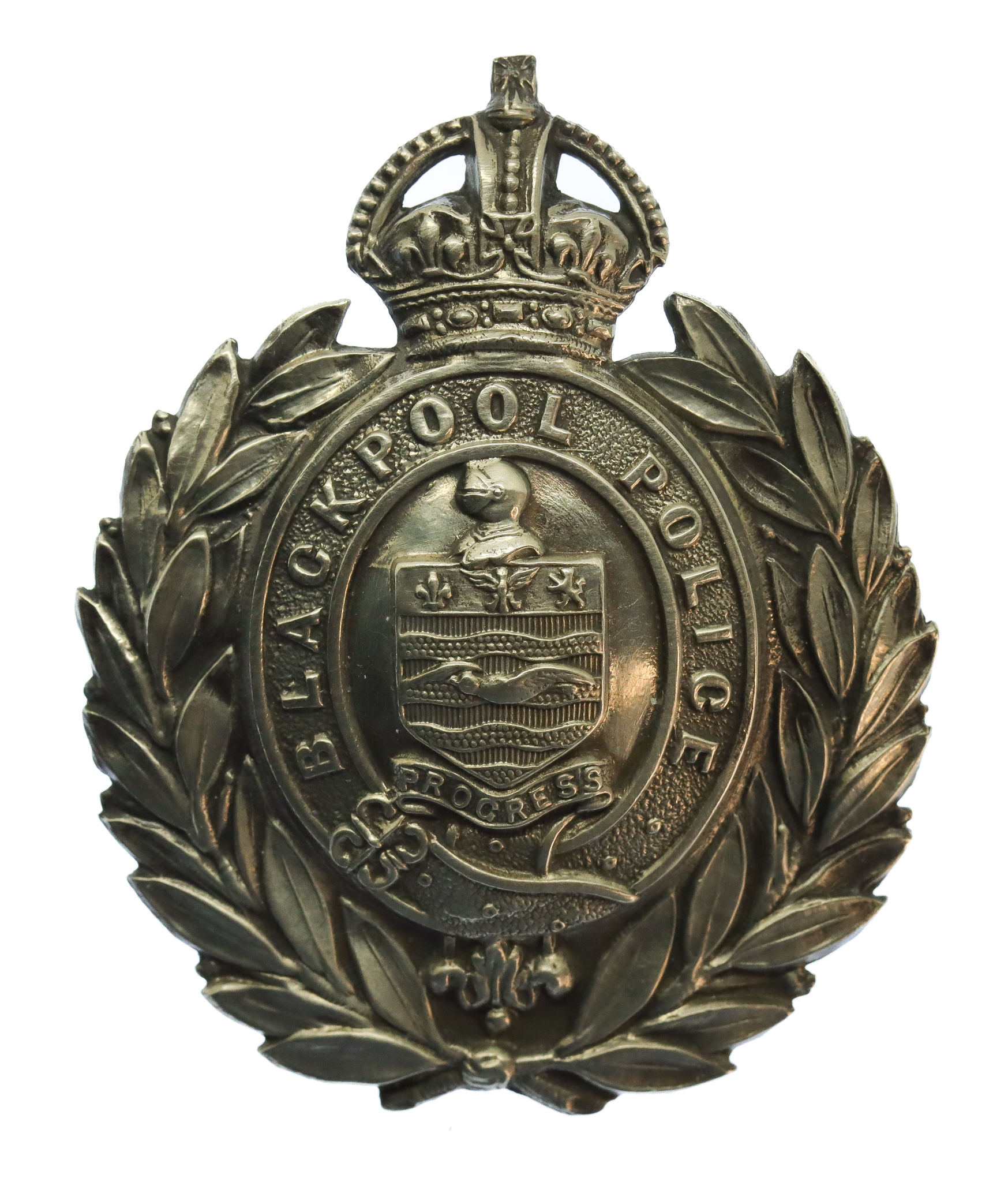 Blackpool Police White Metal Wreath Cap Badge - King's Crown