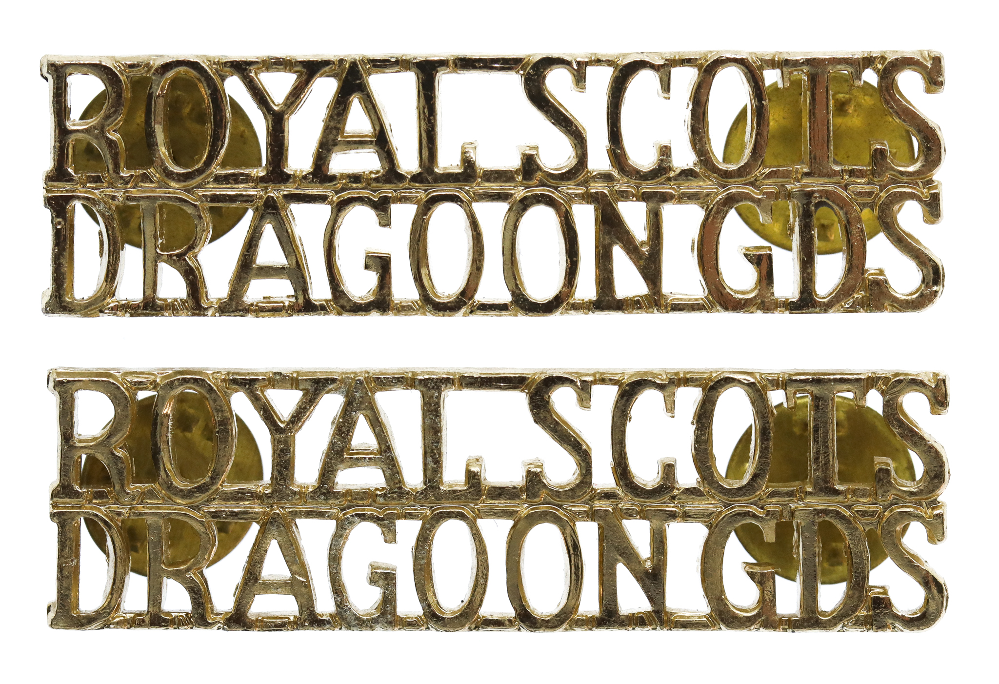 Pair of Royal Scots Dragoon Guards (ROYAL SCOTS / DRAGOON GDS) Anodised (Staybrite) Shoulder Titles